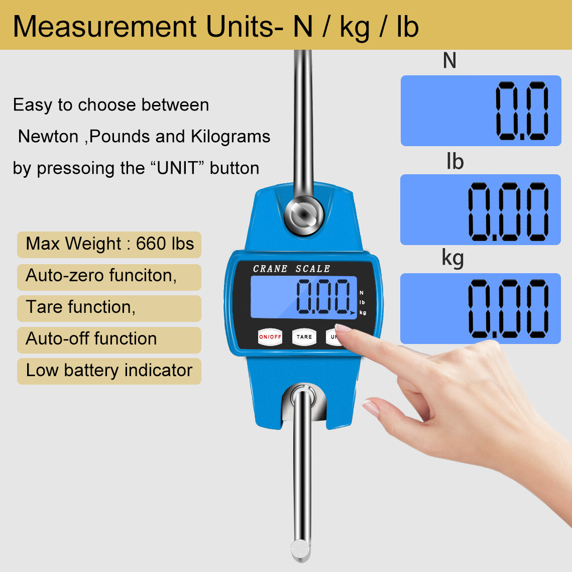 Digital Crane Scale 300 kg/660 lb Industrial Heavy Duty Auto Off Hook Hanging