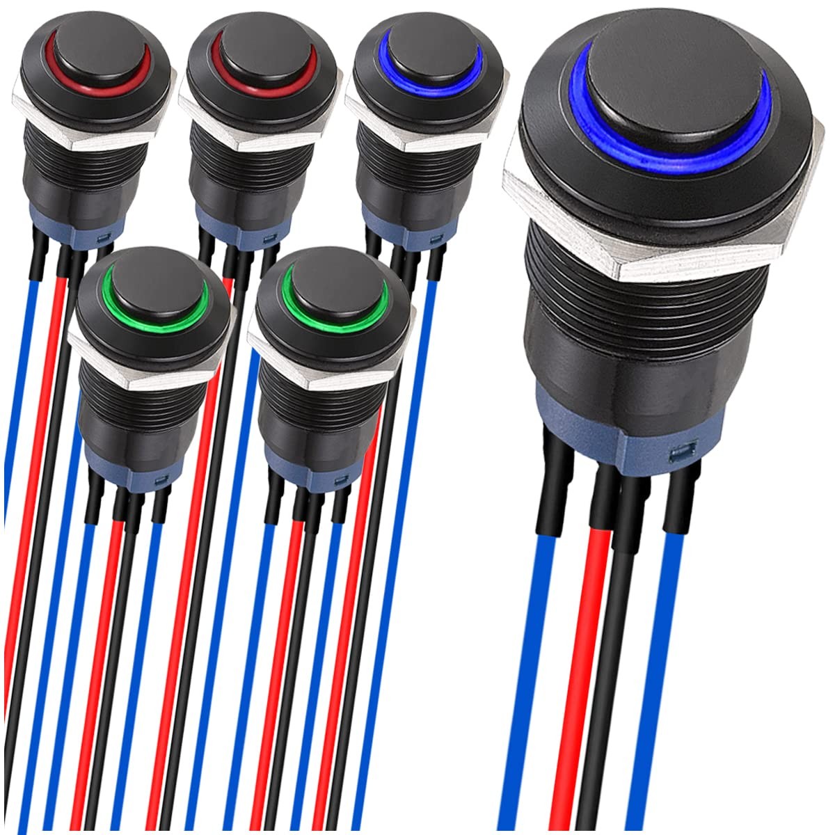 MKBKLLJY 6Pcs 12mm Latching led Push Button Switch Black Shell with pre-Wirin…