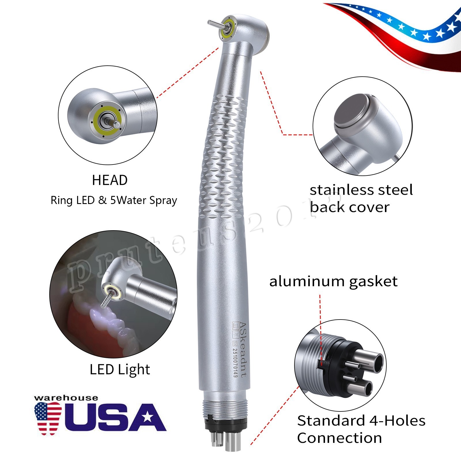 Dental Ring LED Integrate E-generator High &Low Speed Handpiece 4 Holes Turbine