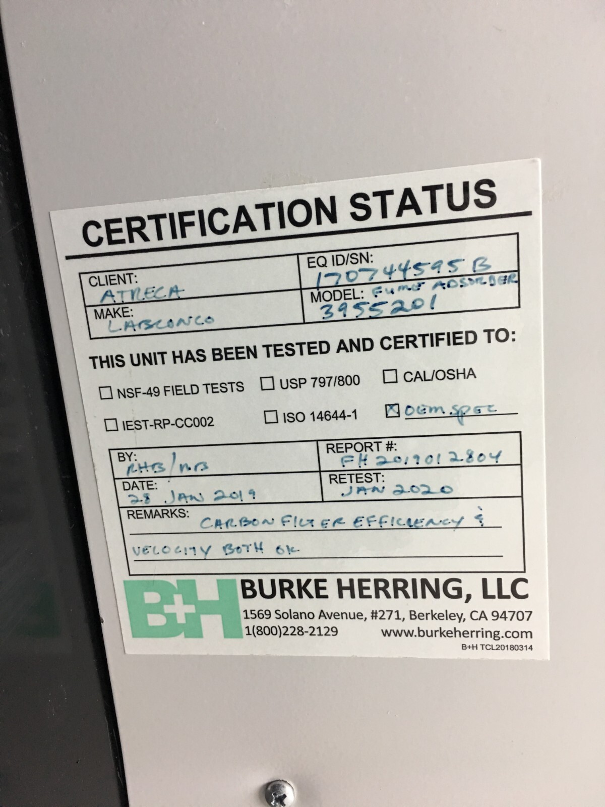 LABCONCO Cat No 3955201 Fume Adsorber Single-Filter Absorber 30″ with WARRANTY