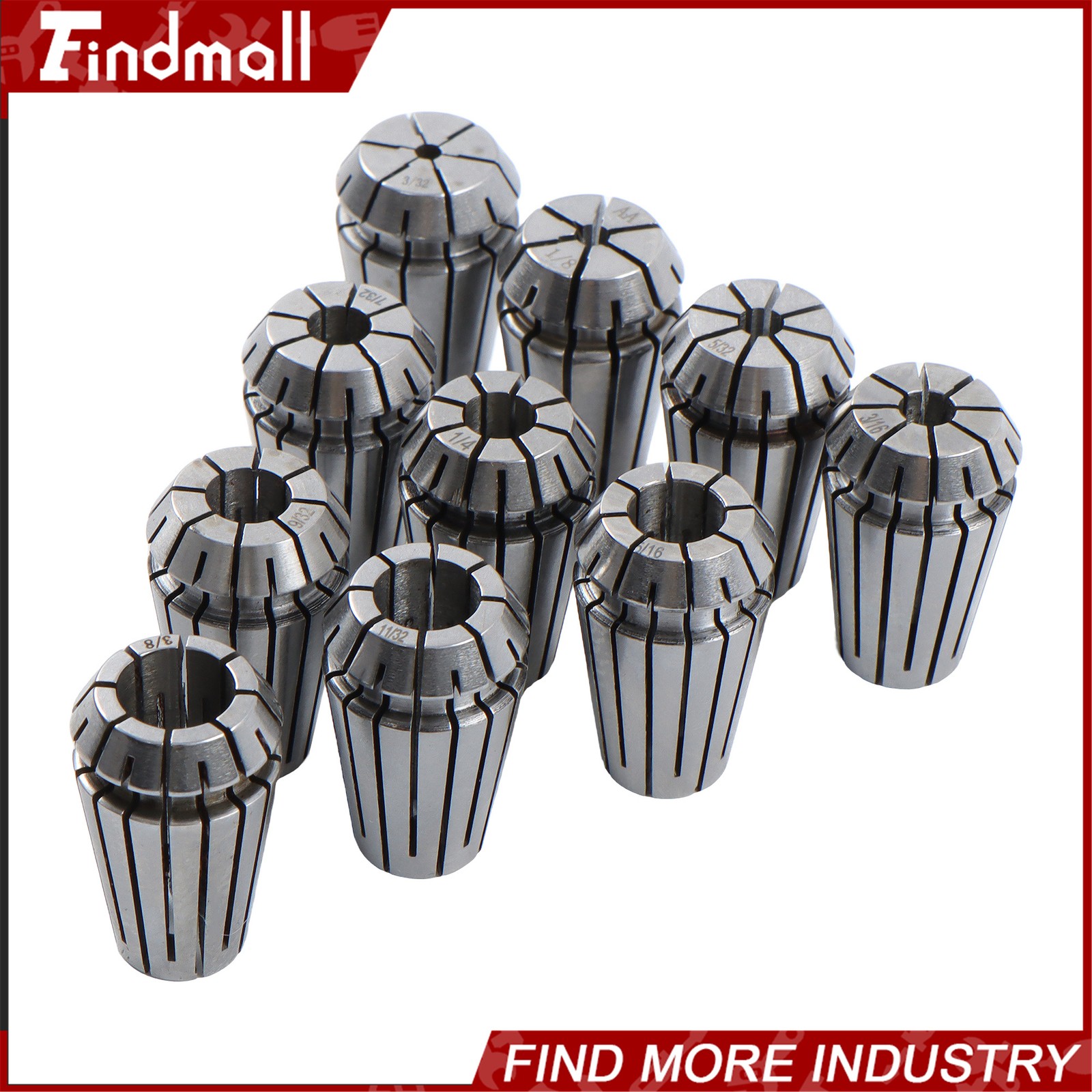 Findmall ER16 Collet Set 10 Pack Precision 3/32 to 3/8 Inch by 32nds 0.0002 TIR