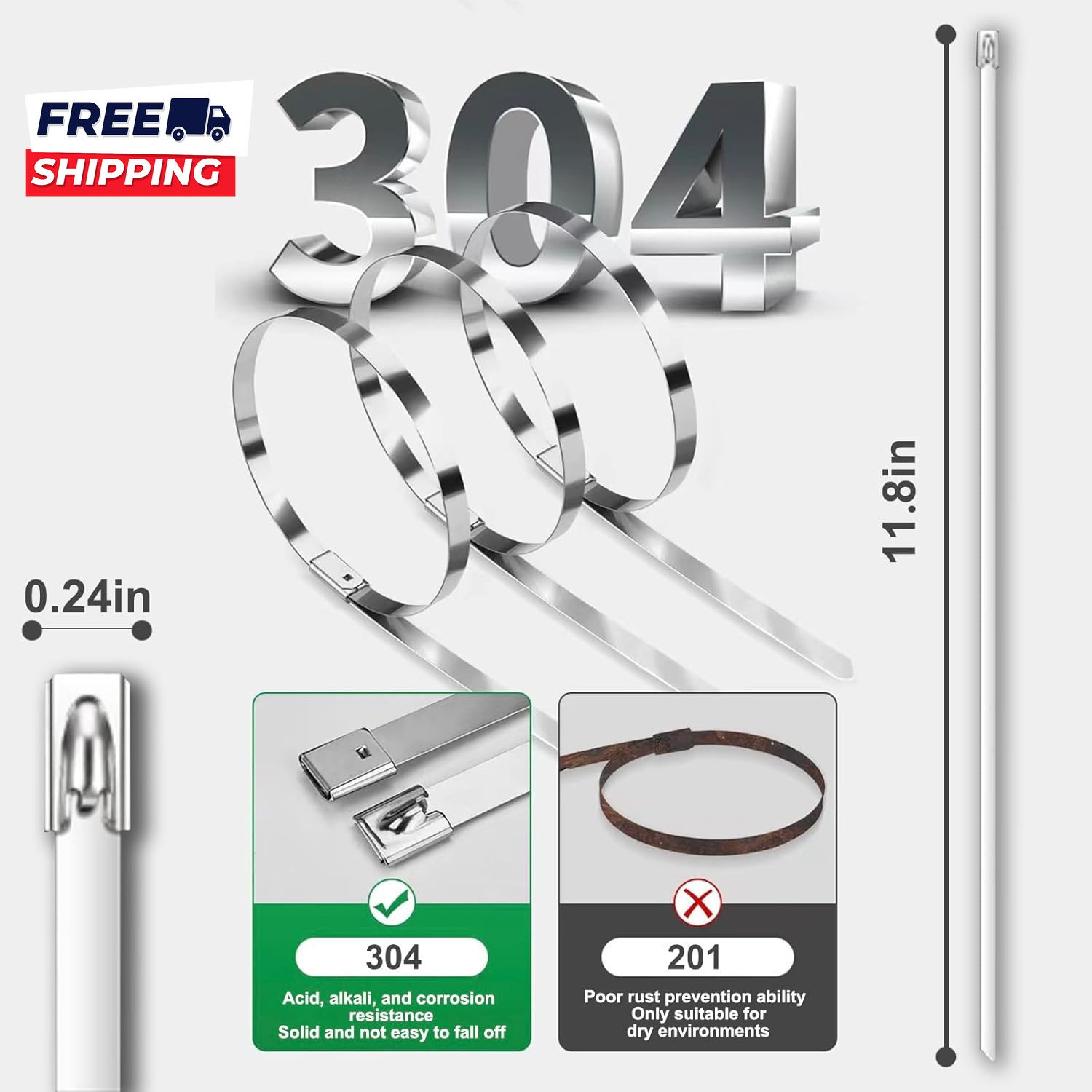 100 Pack Metal Zip Ties 11.8 Inch Heavy Duty 304 Stainless Steel Locking Cable