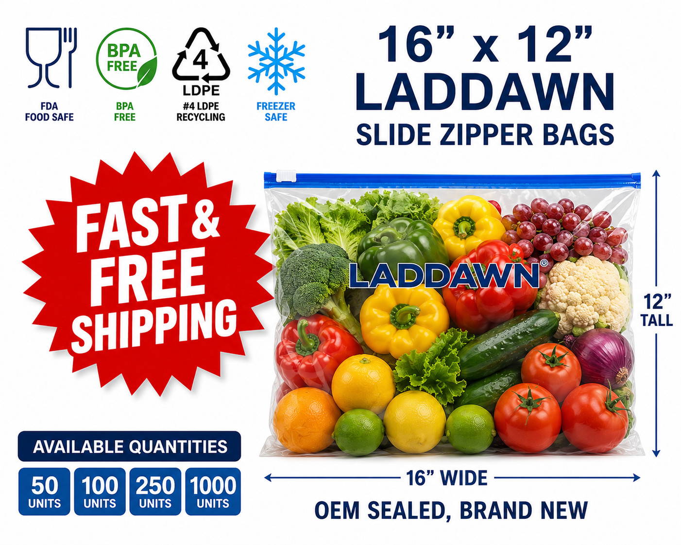 16x12x3 MIL Slider Zip Bags Heavy Duty FDA Food Safe Poly 2 GALLON LAD 4087