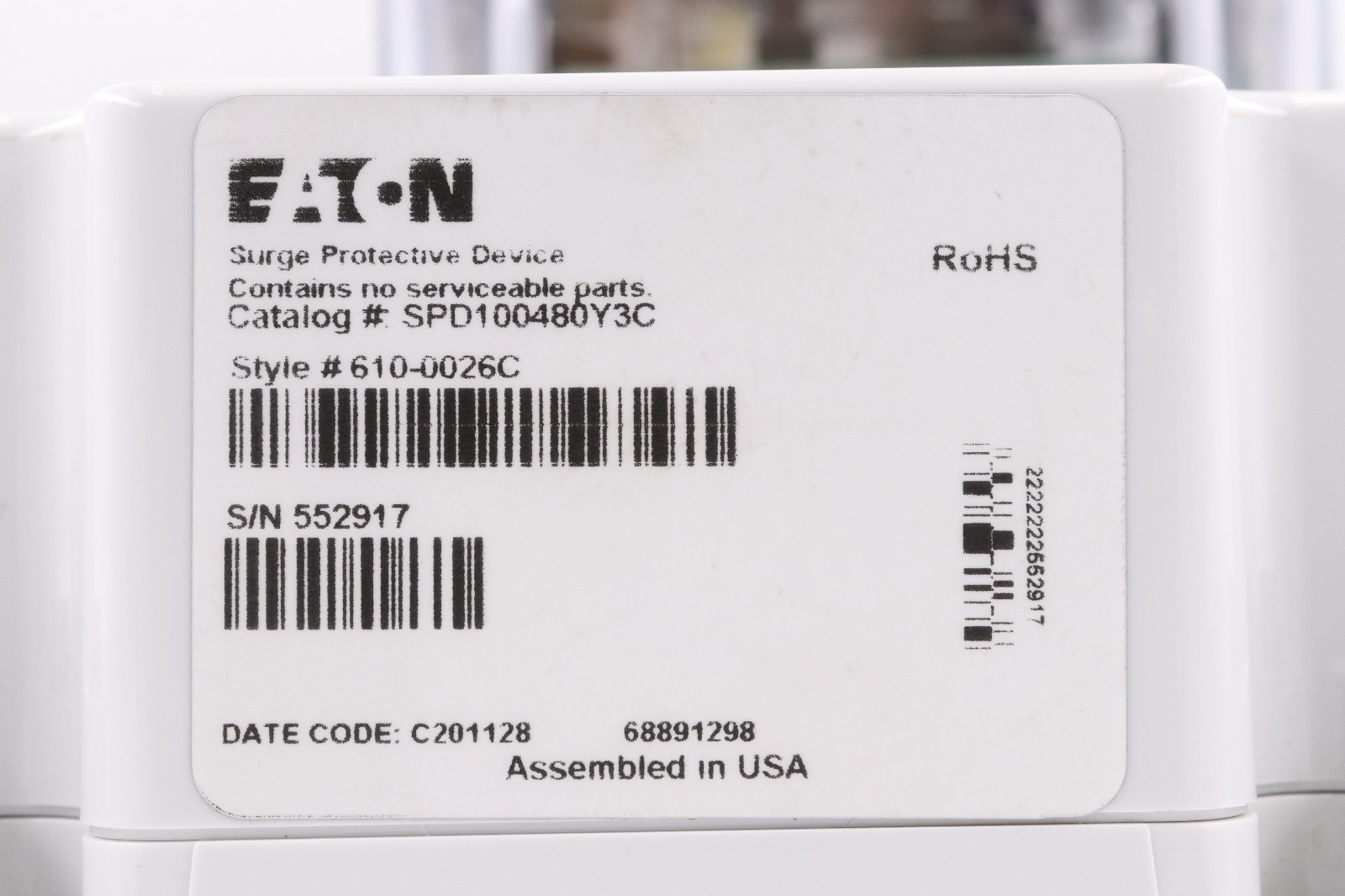 EATON SPD100480Y3C 100KA SPD/SURGE PROTECTIVE DEVICE, 480/277V 3-PHASE