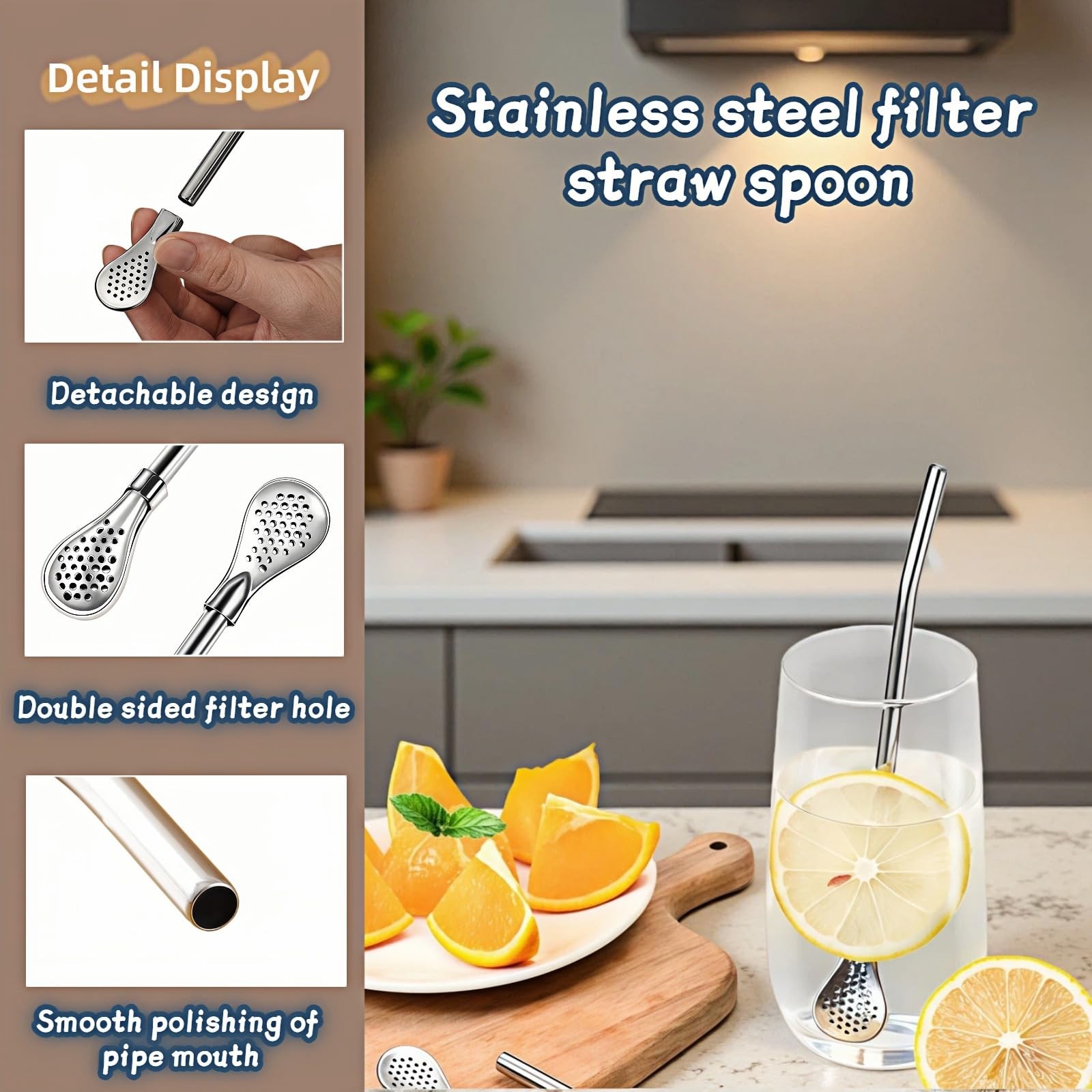 Stainless Steel Filter Straw Spoon, 2-in-1 Reusable Metal 9.65 Inches, Silver