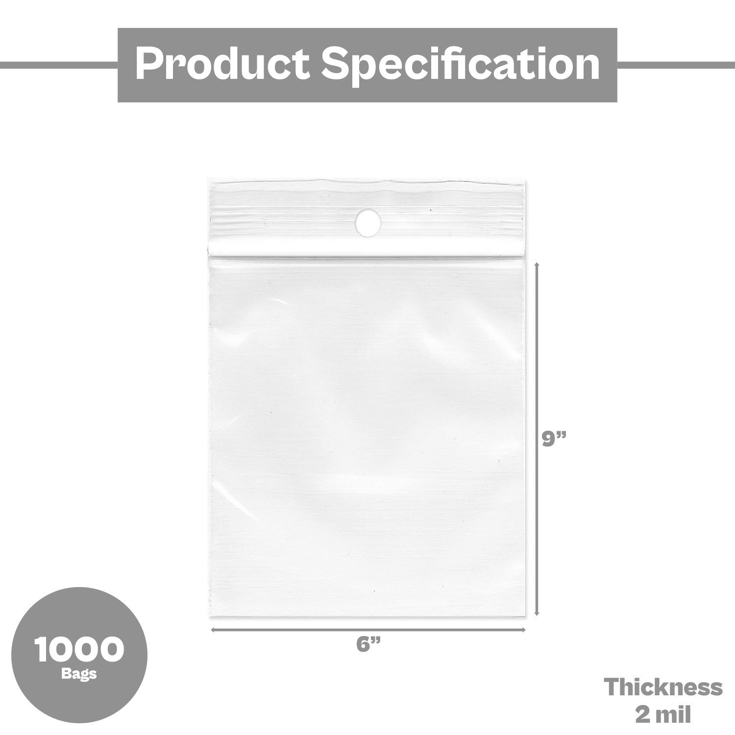 1000 Pcs 6″ x 9″ 2 Mil Zipper Plastic Reclosable Bags with Hang Hole