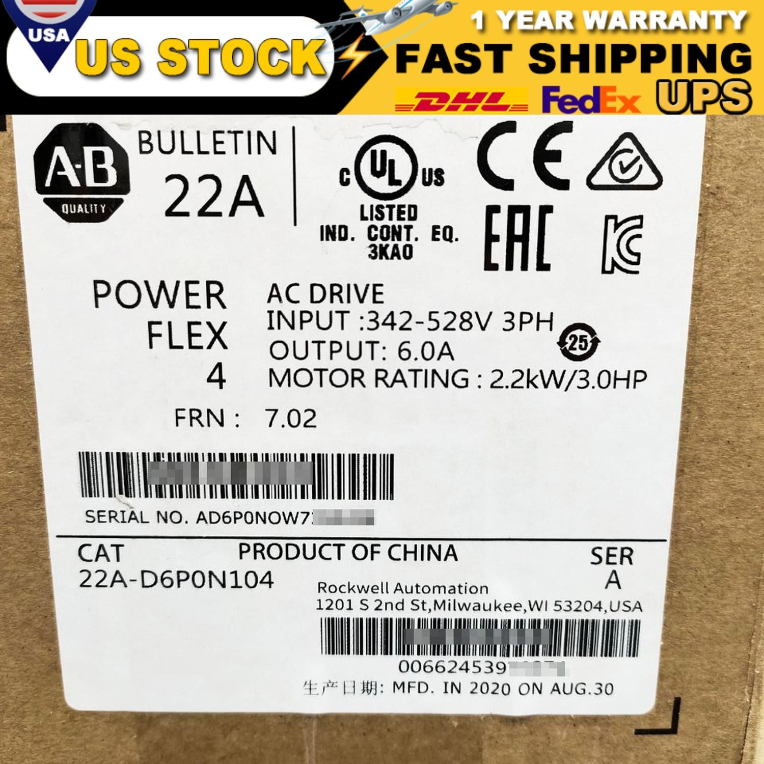 New AB 22A-D6P0N104 PowerFlex 4 2.2 kW 3 Hp AC Drive 22A-D6P0N104 US Free Tax