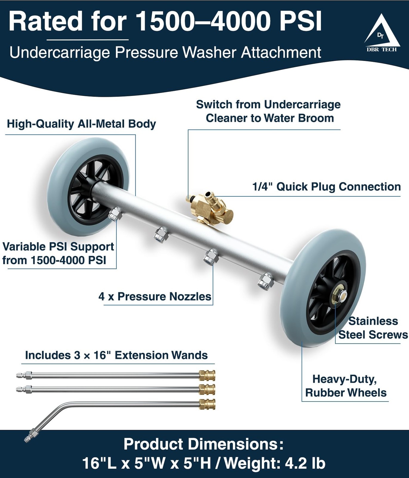 DBR Tech® Undercarriage Pressure Washer Attachment & Water Broom | 1500-400