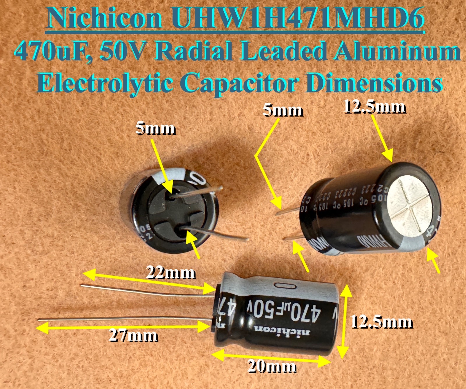 Nichicon UHW1H471MHD6 Radial Capacitor,470uF,50V,±20%,ESR=27mΩ,10000Hrs Lifetime