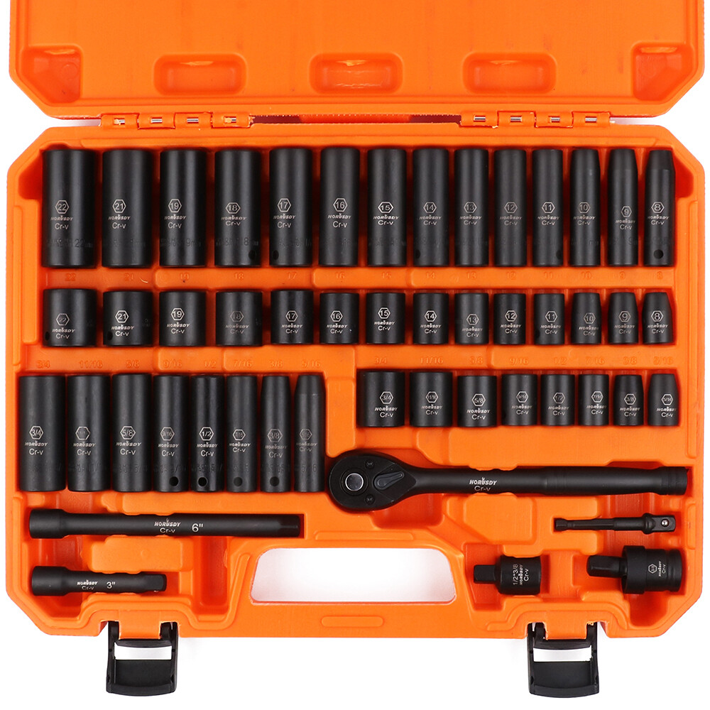 50PCS Impact Socket 3/8″ DR Shallow & Deep SAE & Metric w/ Carry Case