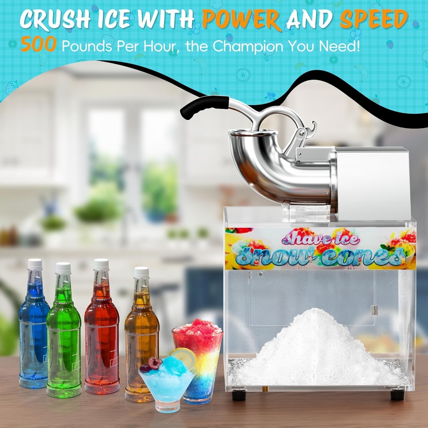 48L Snow Cone Machine, 500LB/H Commercial Shaved Ice Machine for Snow Cones, 30