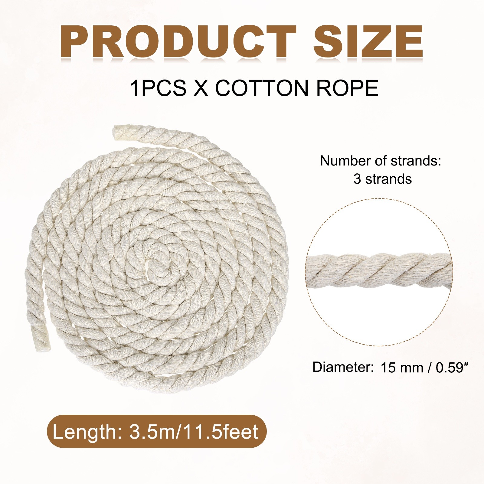 15mm x 11.5 Feet Beige Cotton Rope 3 Strand for DIY Wall Hanging Knotting
