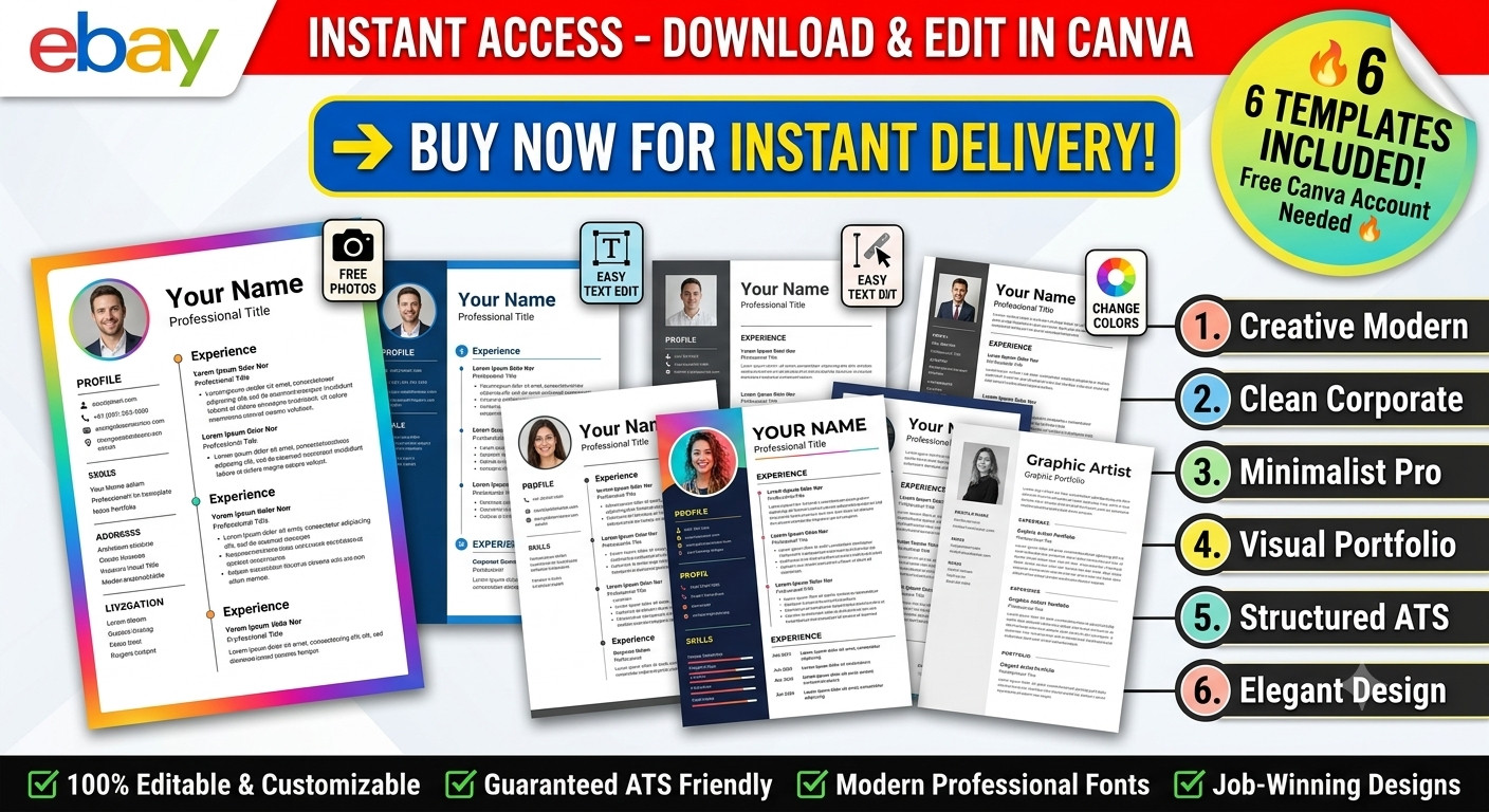 6 Professional CV Template Bundle | Editable Resume Templates Canva | Modern CV