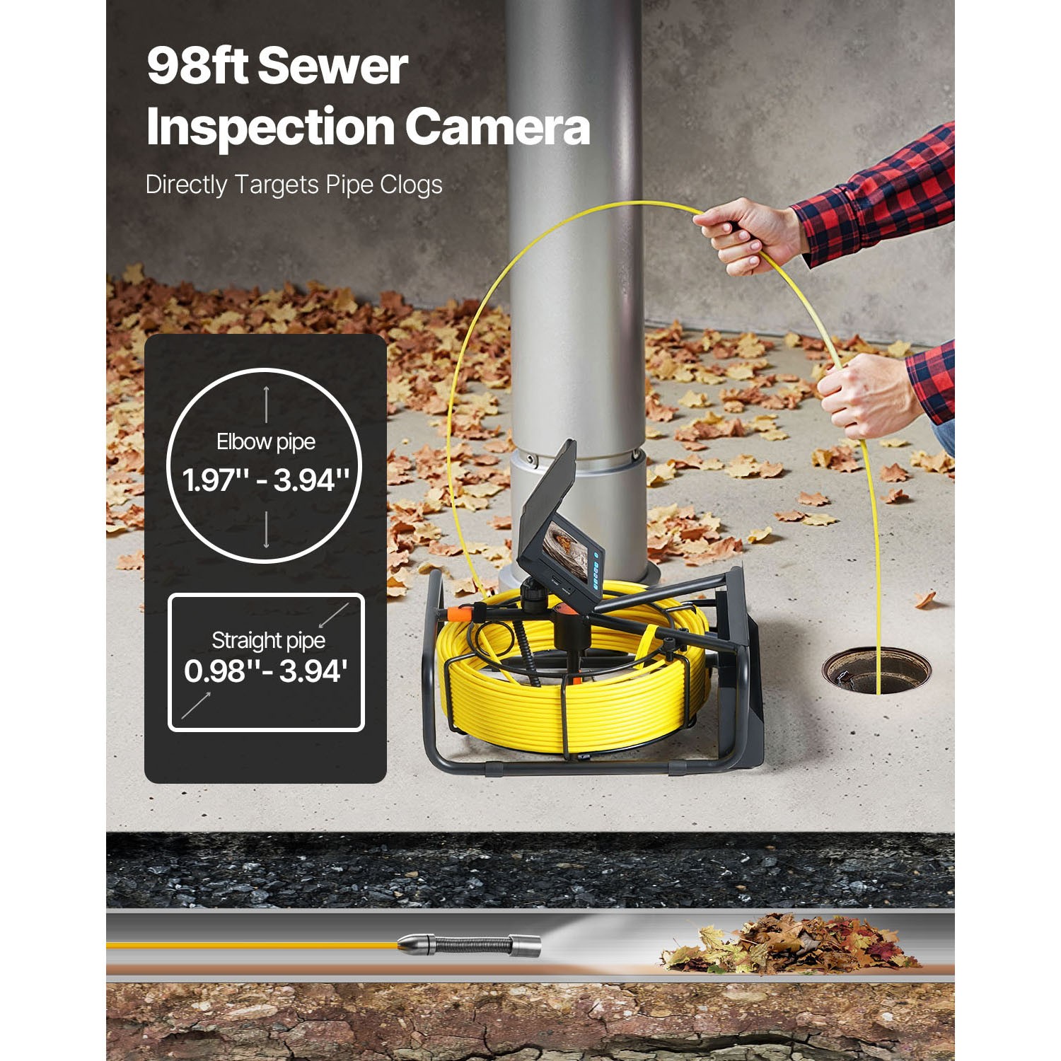 VEVOR Sewer Camera 98.4ft/30m Pipe Inspection Camera HD Drain 4.3 In LCD Monitor