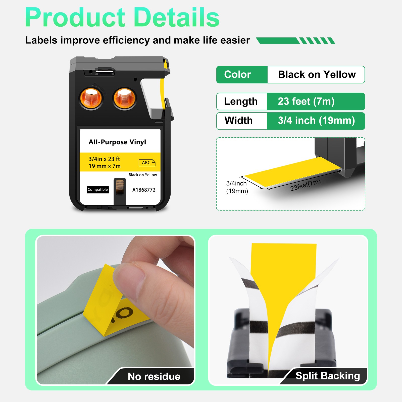 19mm 1868772 Vinyl Label Tape for DYMO XTL-300 XTL-500 Black on Yellow 5pk