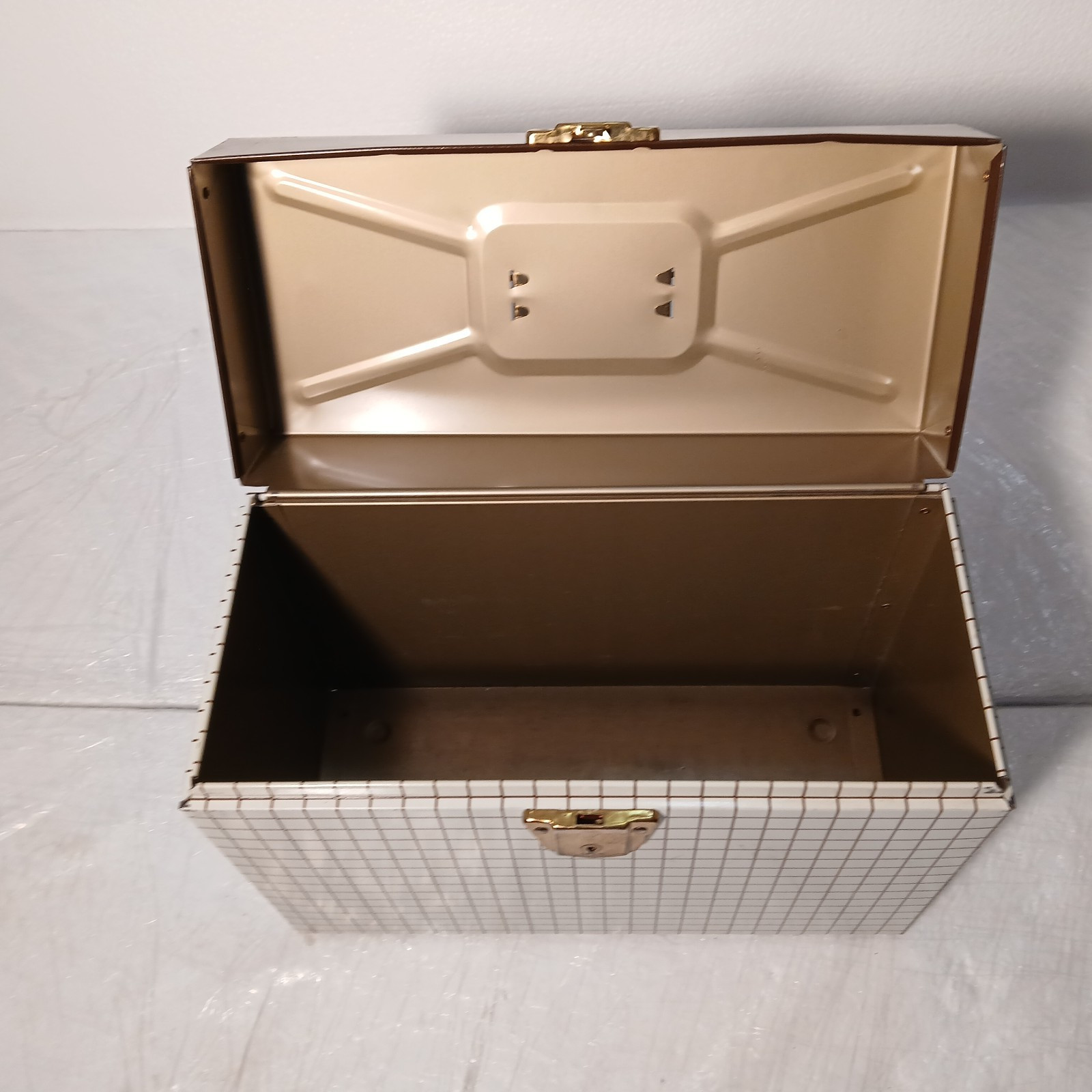 Vtg Ballonoff Porta File Metal Storage Record Box Brwn Grid Graph Pattern No Key