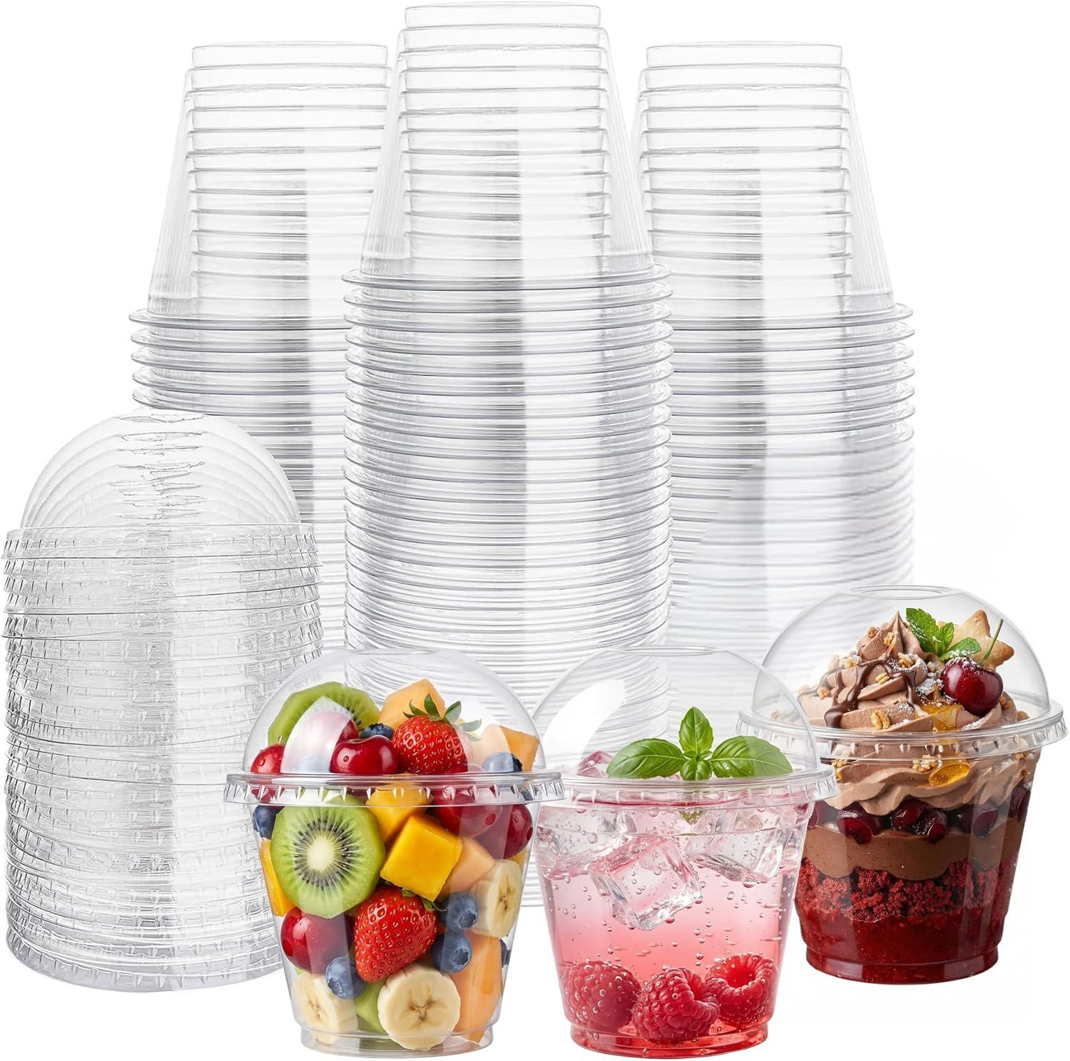 Lullaby 200Pack 9Oz Clear Plastic Cups with Dome Lids, Dessert Cups with Lids, D