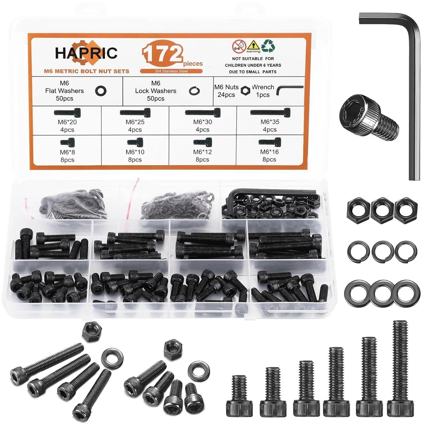 Complete 172-Pcs M6 Bolts Assortment: Black Zinc Plated Steel for Durability