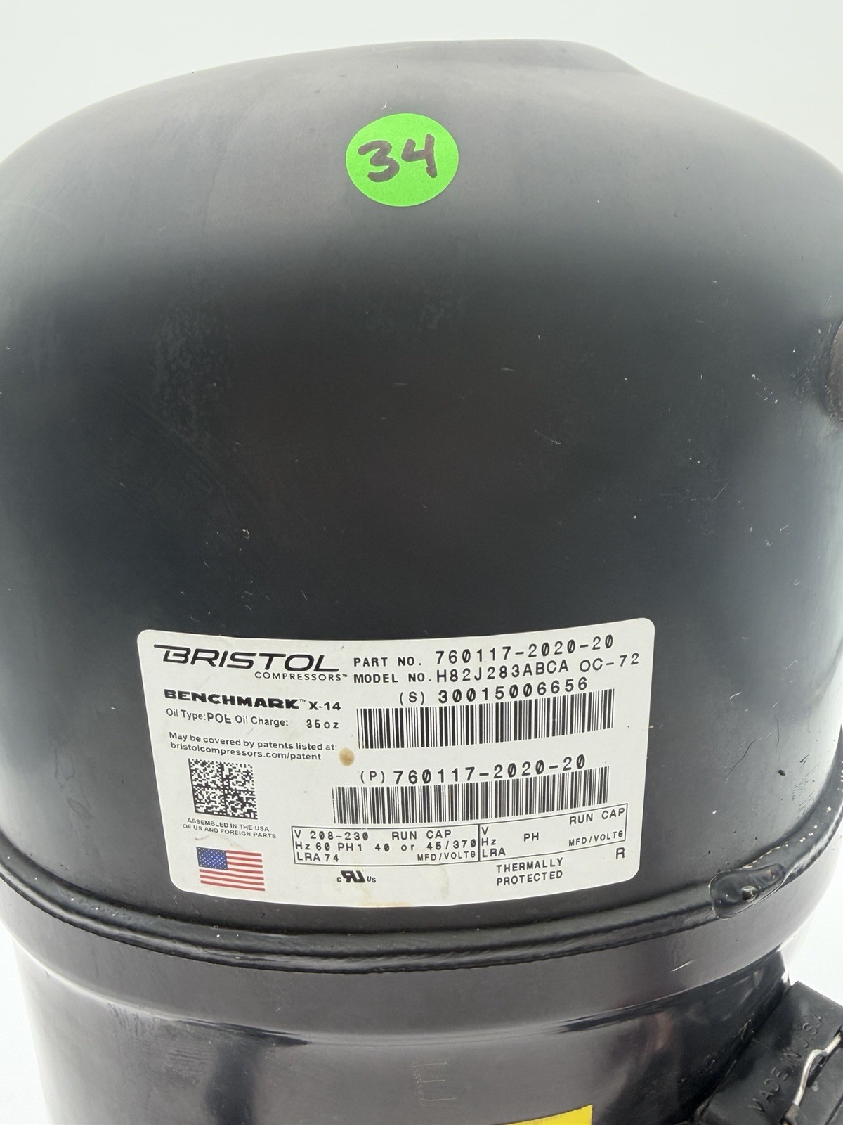 BRISTOL H82J283ABCA Compressor 760117-2020-20 28,100 BTU 230V 1PH 60HZ R410