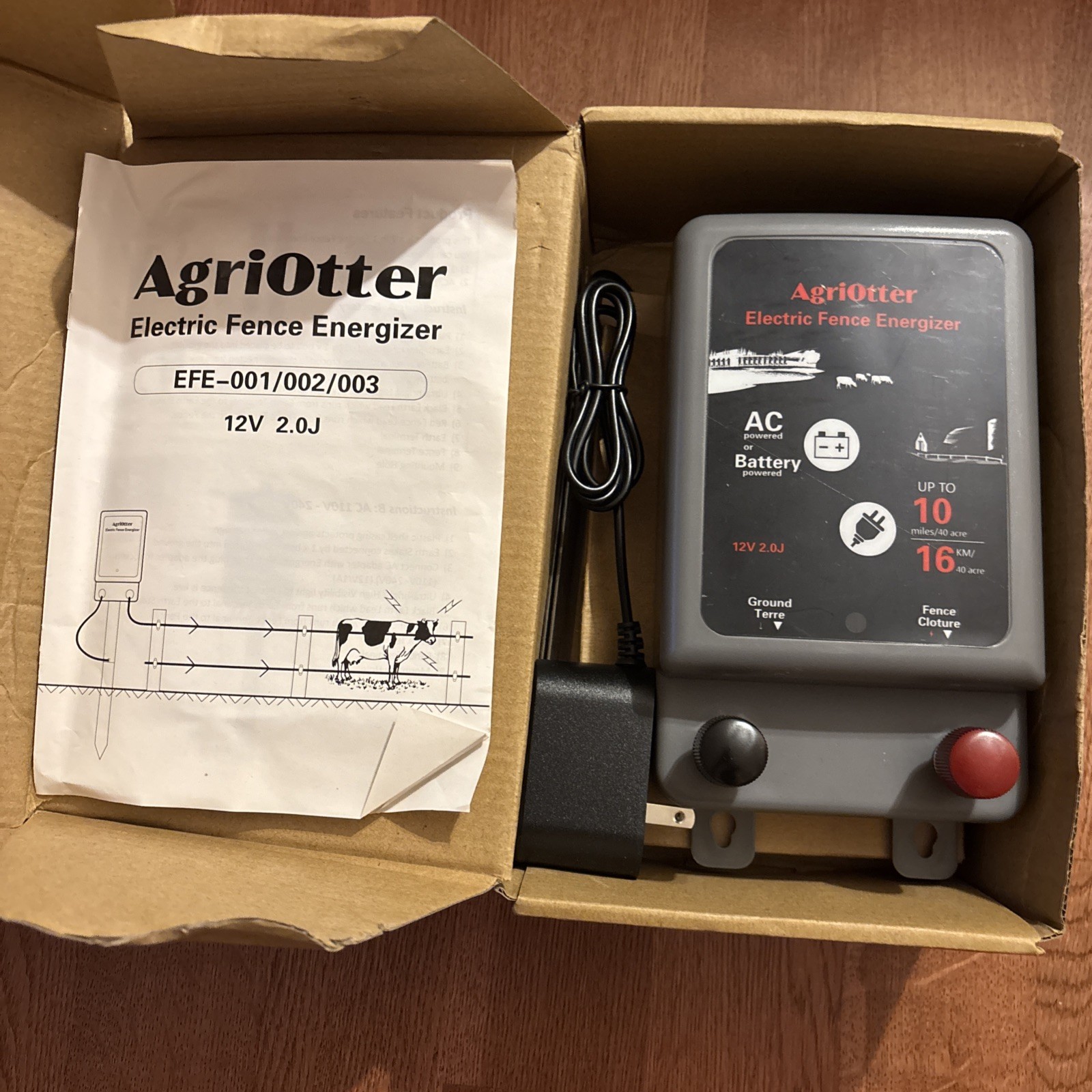 AgriOtter Electric Fence Energizer 40 Acre 10 miles 2 in 1 Powered by Battery
