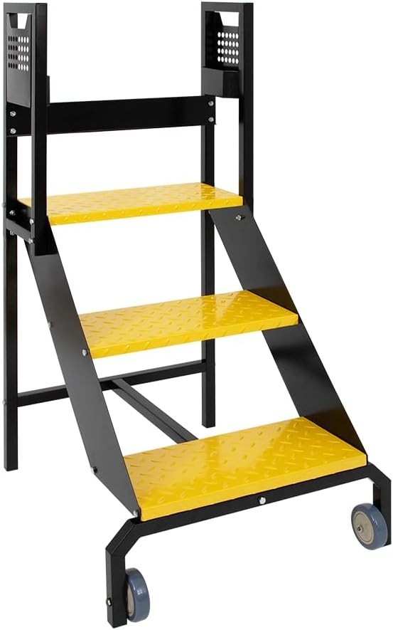 3 Step Industrial Ladder with Handrails, Warehouse Floor Standing Rolling Stairs