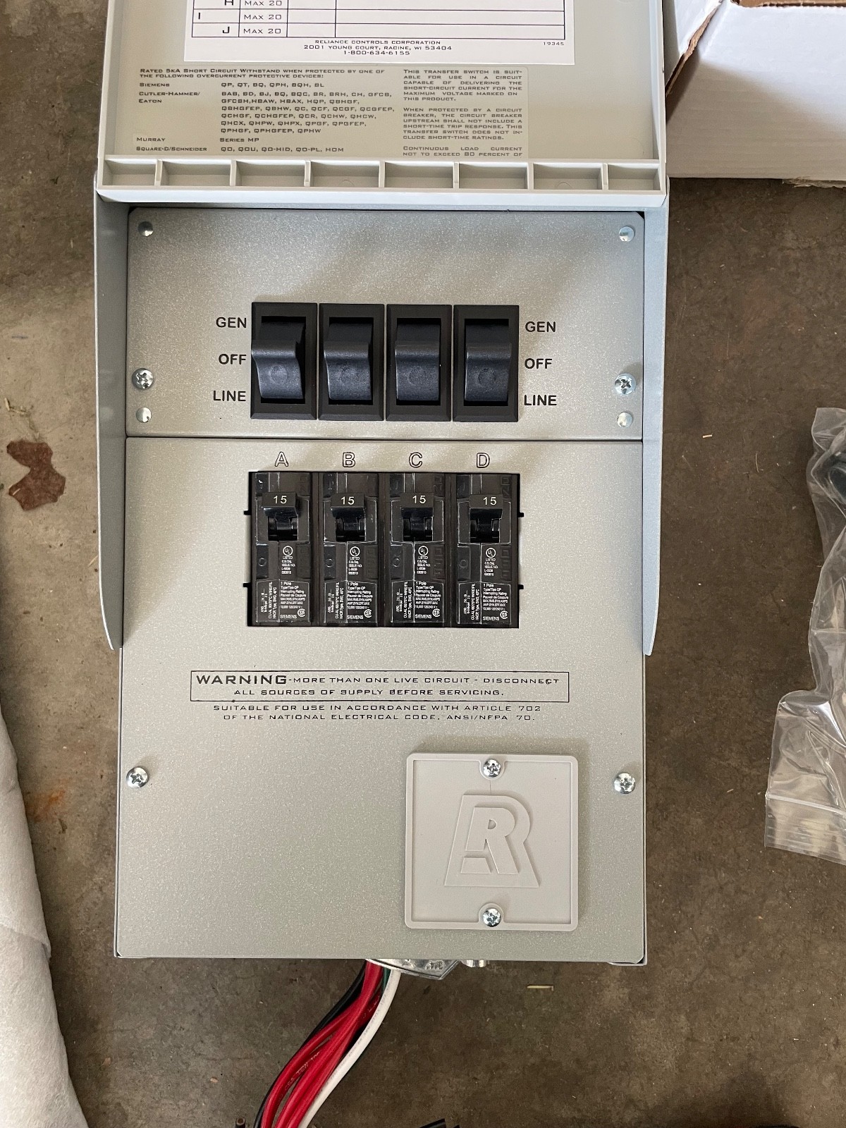 Reliance Controls Manual Transfer Switch For Generator, 104B, 15A, 4 Circuits,