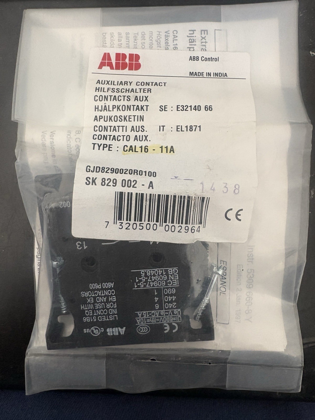 ABB CAL16-11A SK829002-A Auxiliary Contact Brand New& Sealed