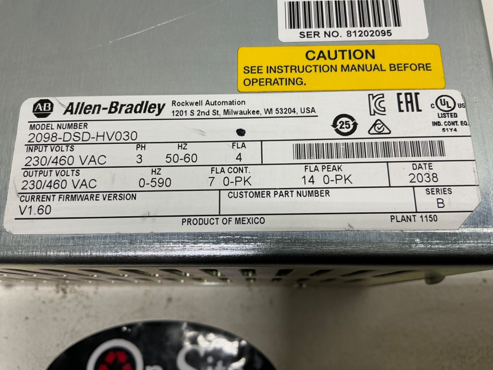 ALLEN-BRADLEY 2098-DSD-HV030 SER. B ULTRA 3000 HIGH VOLTAGE DIGITAL SERVO DRIVE