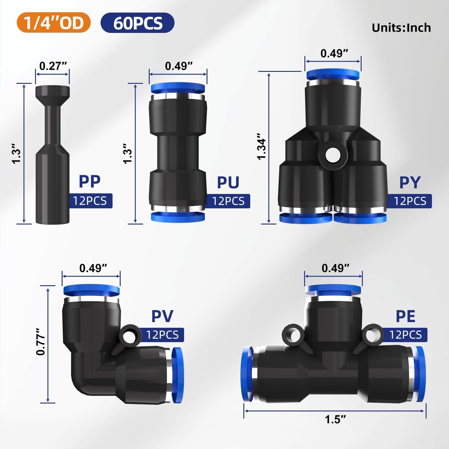 60Pcs Quick Connect Air Hose Fittings Pneumatic Push to Connect Fittings Kit 5