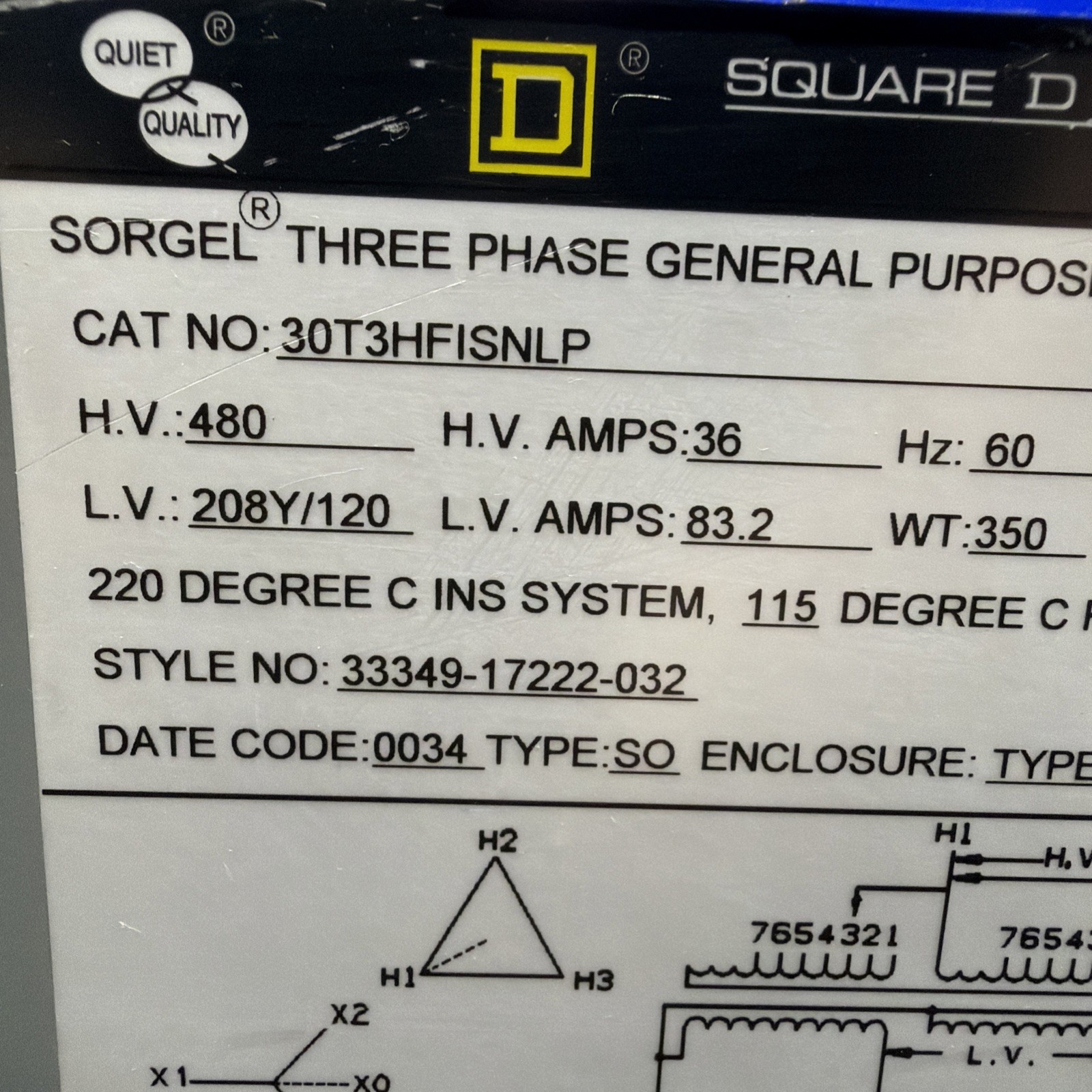 Square D 30kVA 480V Transformer 3PH 60HZ 208Y/120V 30T3HFISNLP 🟦