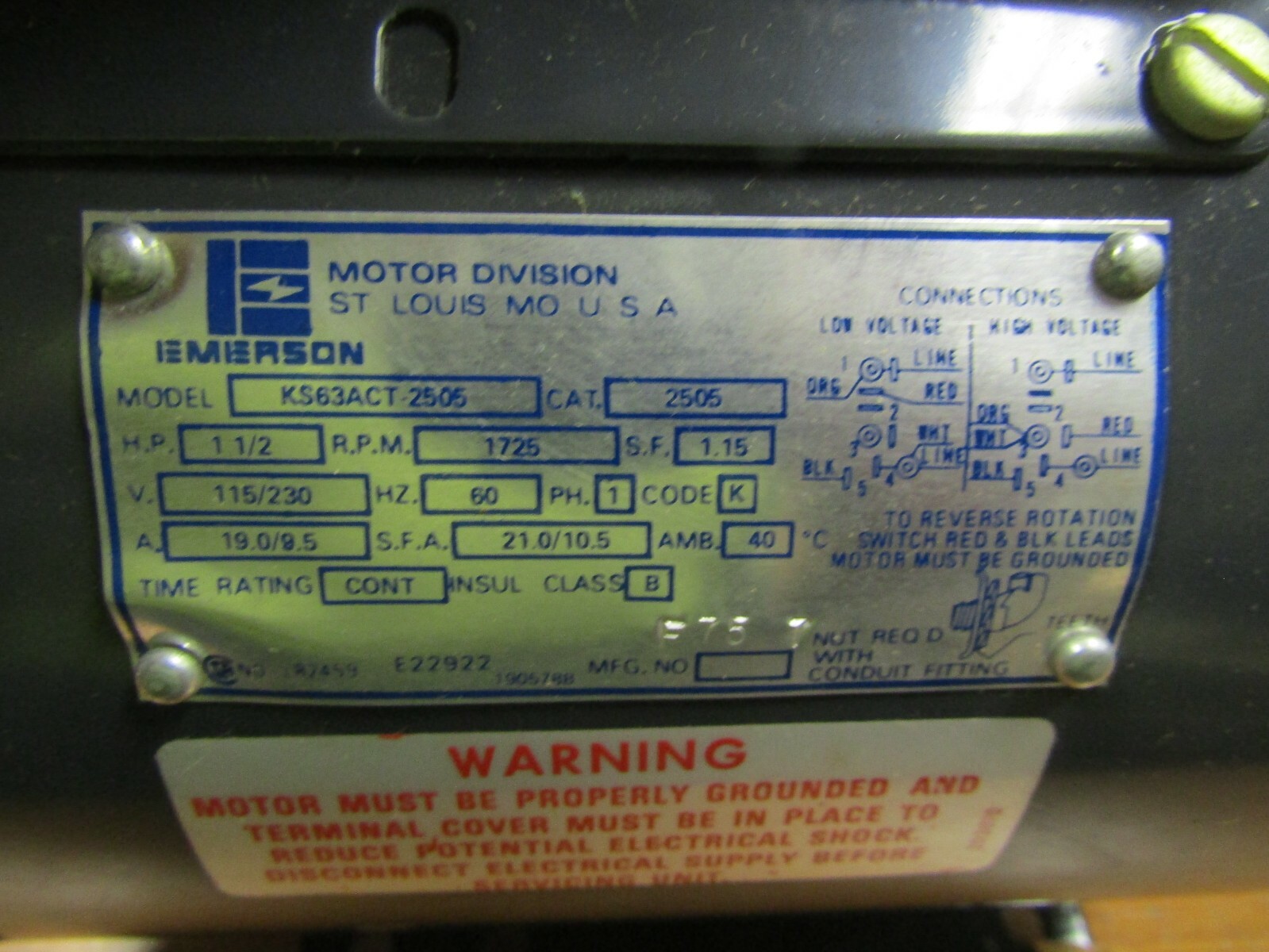 😎 NEW EMERSON 1 1/2 HP ELECTRIC AC MOTOR 115/230V 1725 RPM 1 PHASE 2505