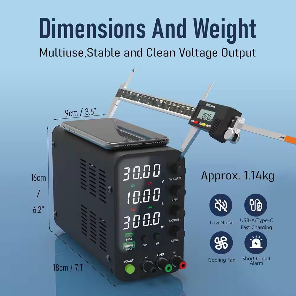 DC Power Supply 0-32V 0-10A Switching with 20W USB and Type-C Quick-Charge, LED