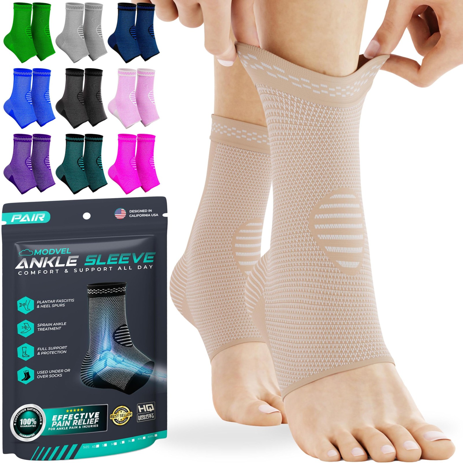 Modvel Ankle Compression Sleeve Brace Foot Support – Sprain, Tendonitis, Pain Re