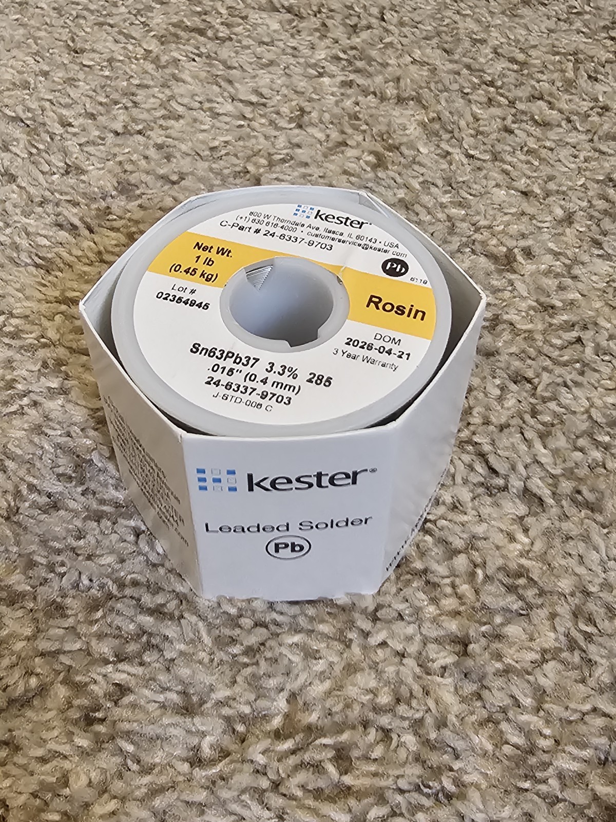Kester Leaded Solder Wire Rosin Sn63Pb37 3.3% 285 (C PN: 24-6337-9703) Brand New