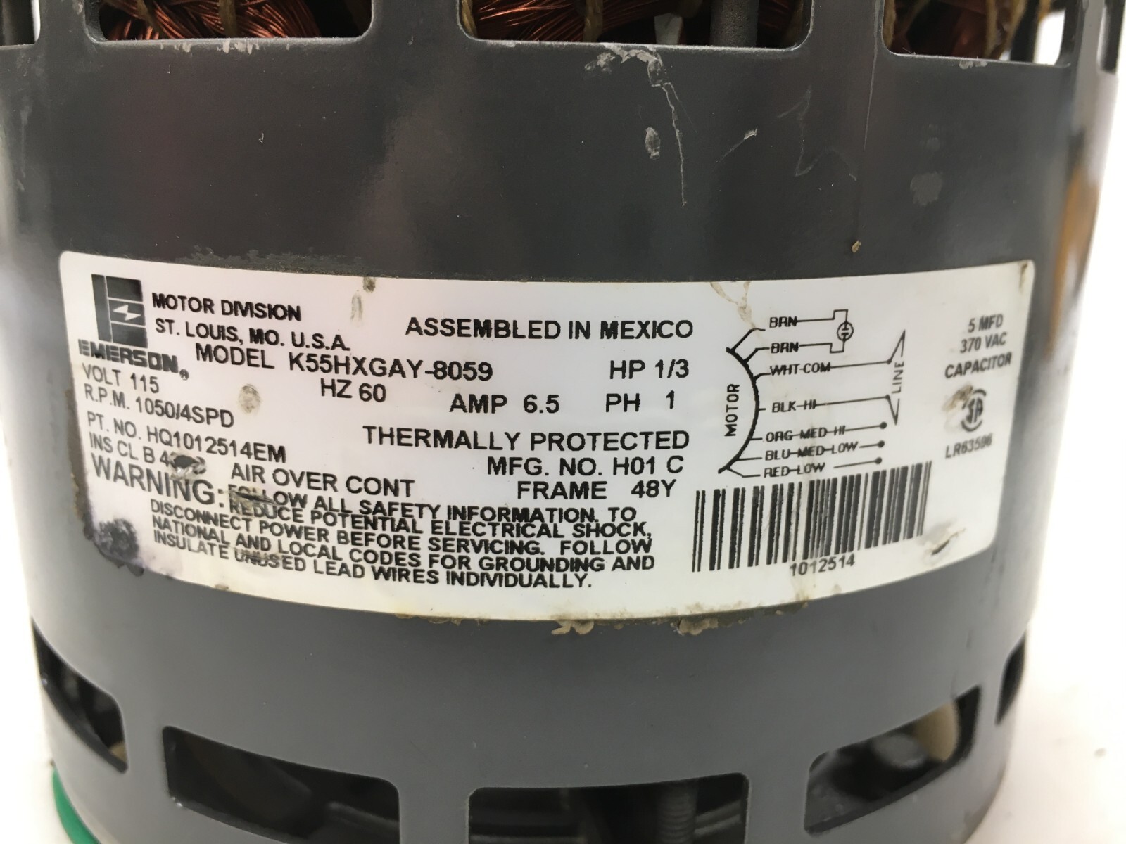 EMERSON K55HXGAY-8059 Blower Motor 1/3HP 115V 1050RPM 4SPD 60Hz 1PH 6.5A #MC850