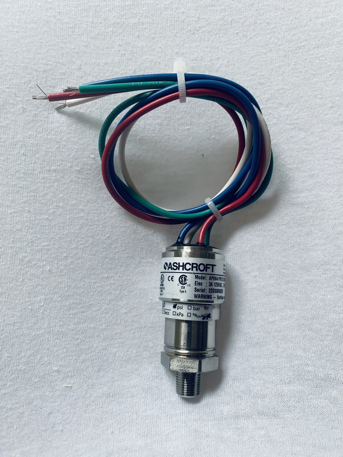 Ashcroft, APSN41P012LS01100#-50R, Pressure Sensor, 0-100 PSI, 3A 125VAC 2A 30VDC