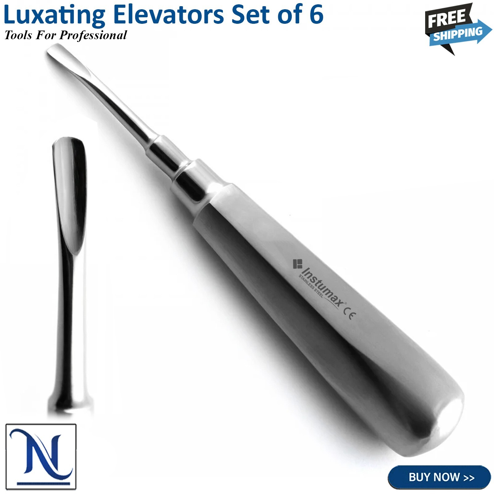 Set Of 6 Dental Luxating Elevators Straight Curved Shank Surgical Extraction Kit