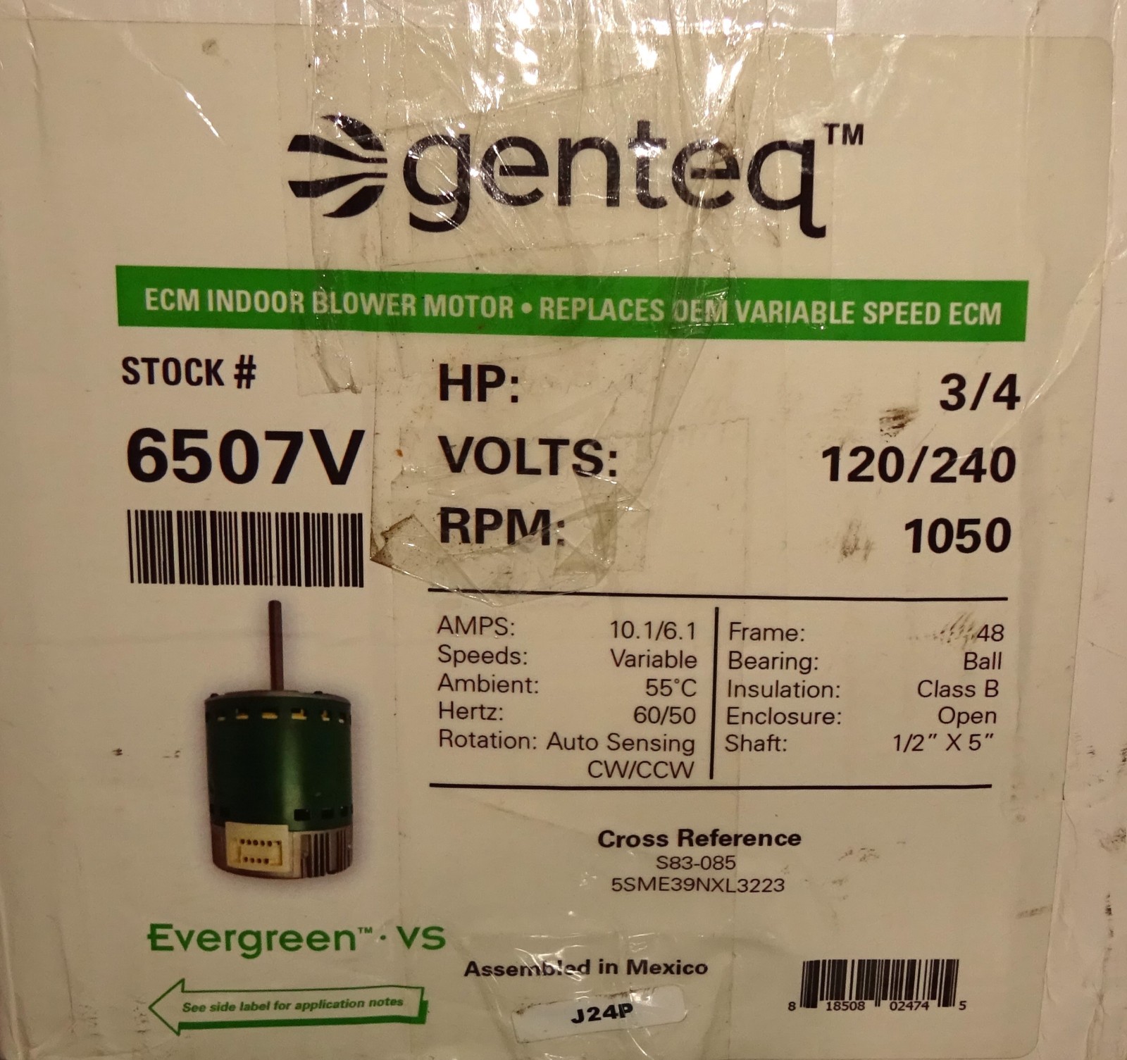 Genteq 5SME39NXL3223 Blower Motor 3/4 HP 1050 RPM 120/240 VAC Evergreen NEW