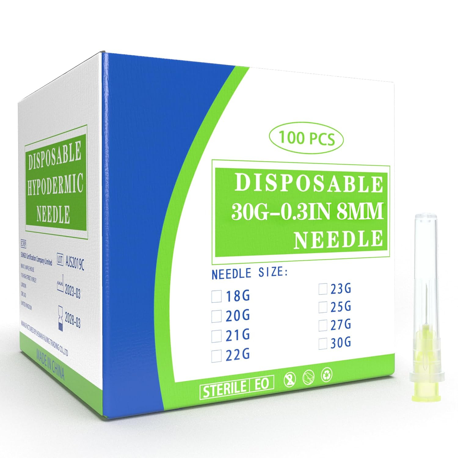 100 Pack 30 Ga 5/16 inch Disposable Needles with Caps for Scientific and Industr