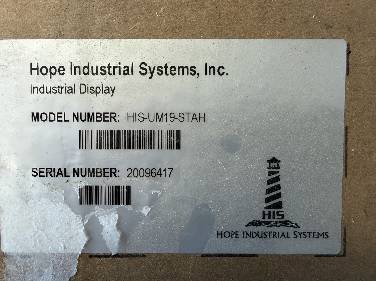 HOPE INDUSTRIAL SYSTEMS HIS-UM19-STAH Operator Interface Panel, 100-240 VAC