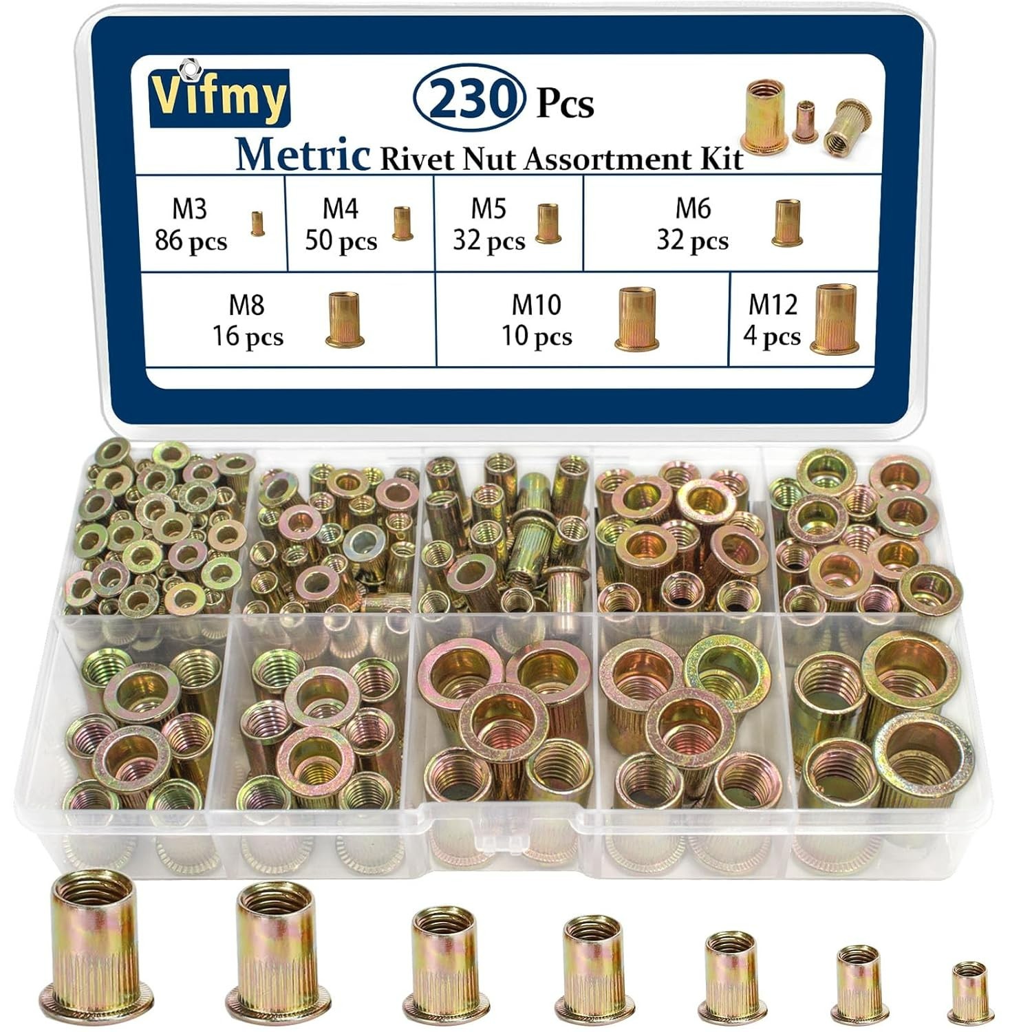 High-Strength 7-Sizes Metric Rivnut Set – Flat Head & Zinc Finished, 230 Pcs