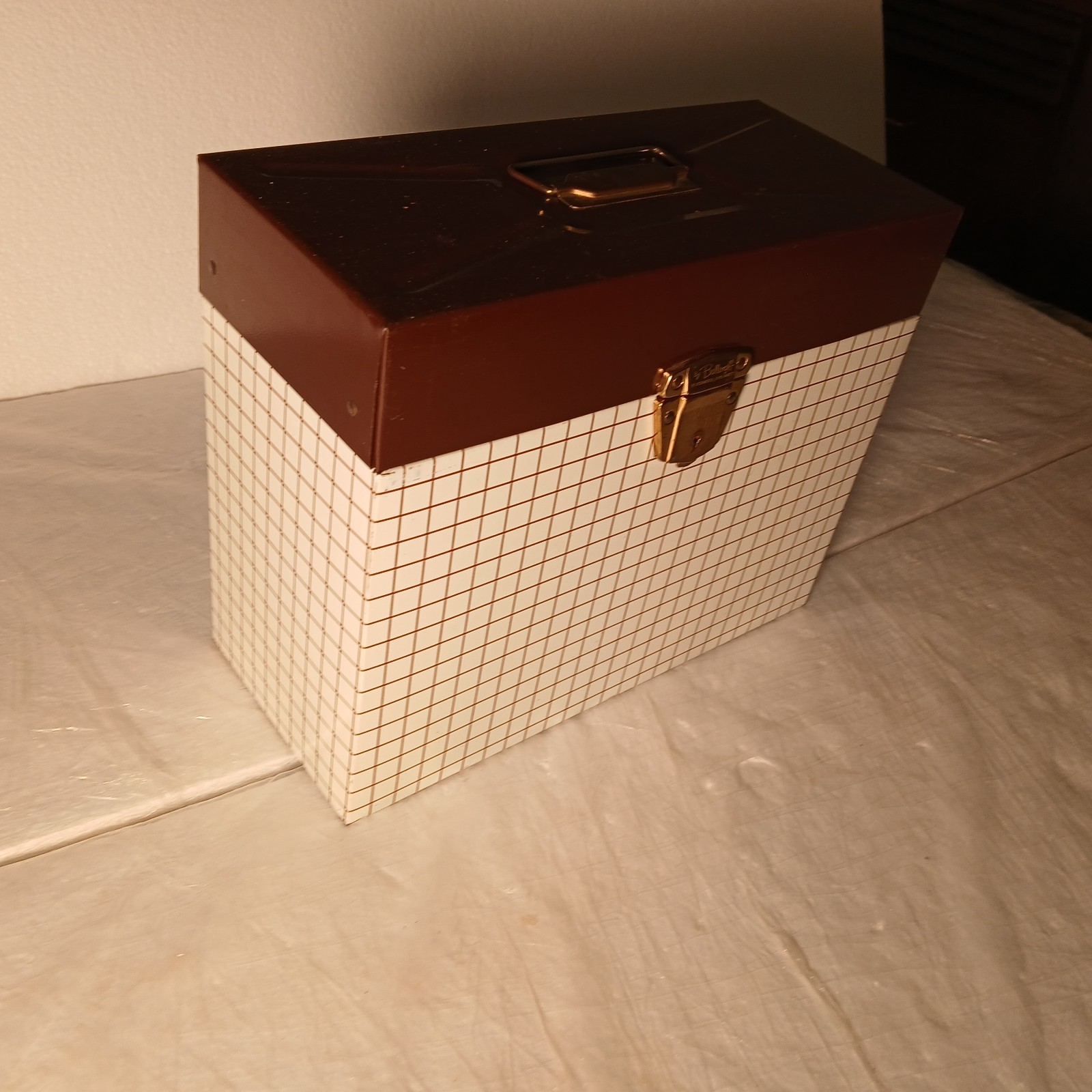 Vtg Ballonoff Porta File Metal Storage Record Box Brwn Grid Graph Pattern No Key
