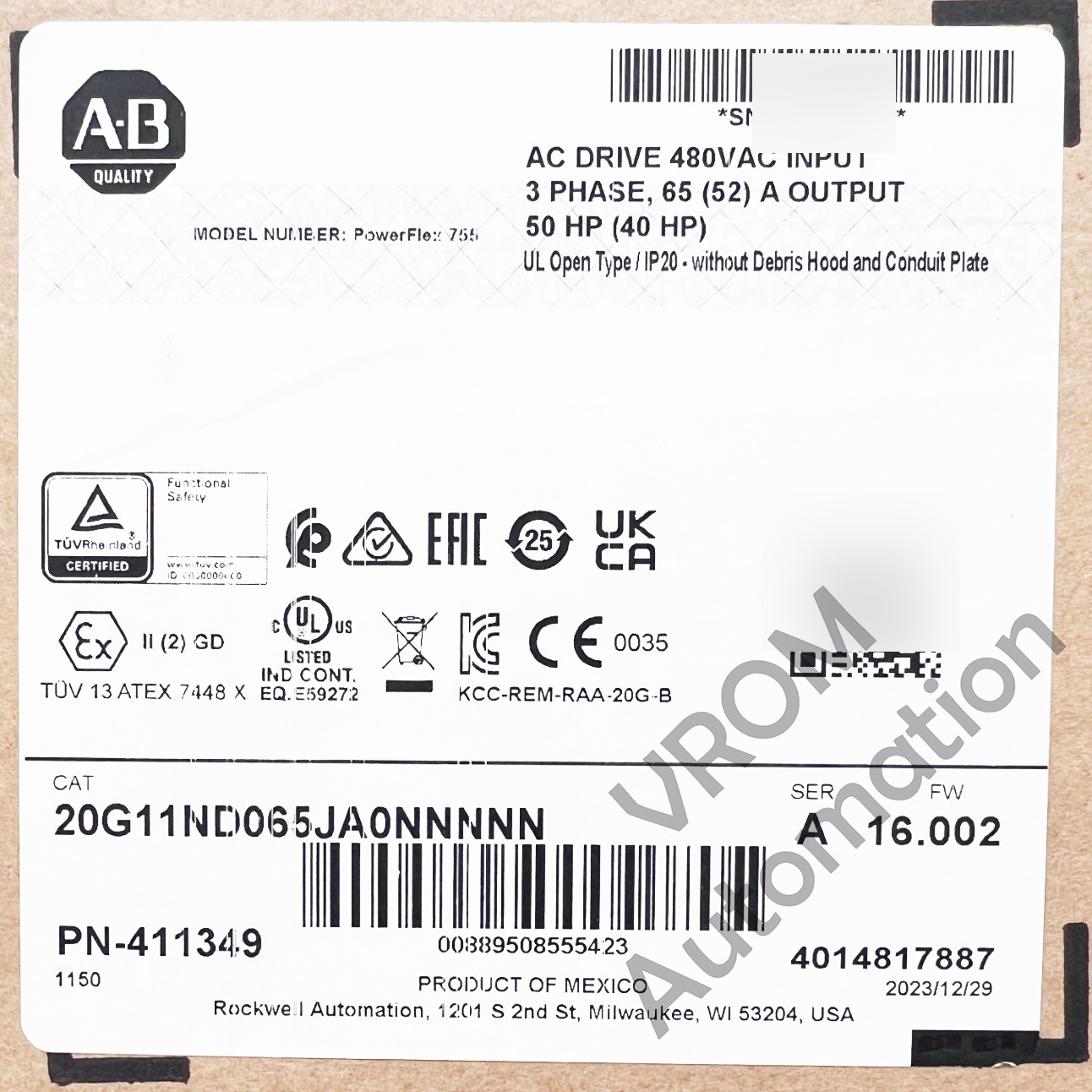 Surplus Sealed Allen Bradley 20G11ND065JA0NNNNN /A PowerFlex 755 65A 50HP 480V 3