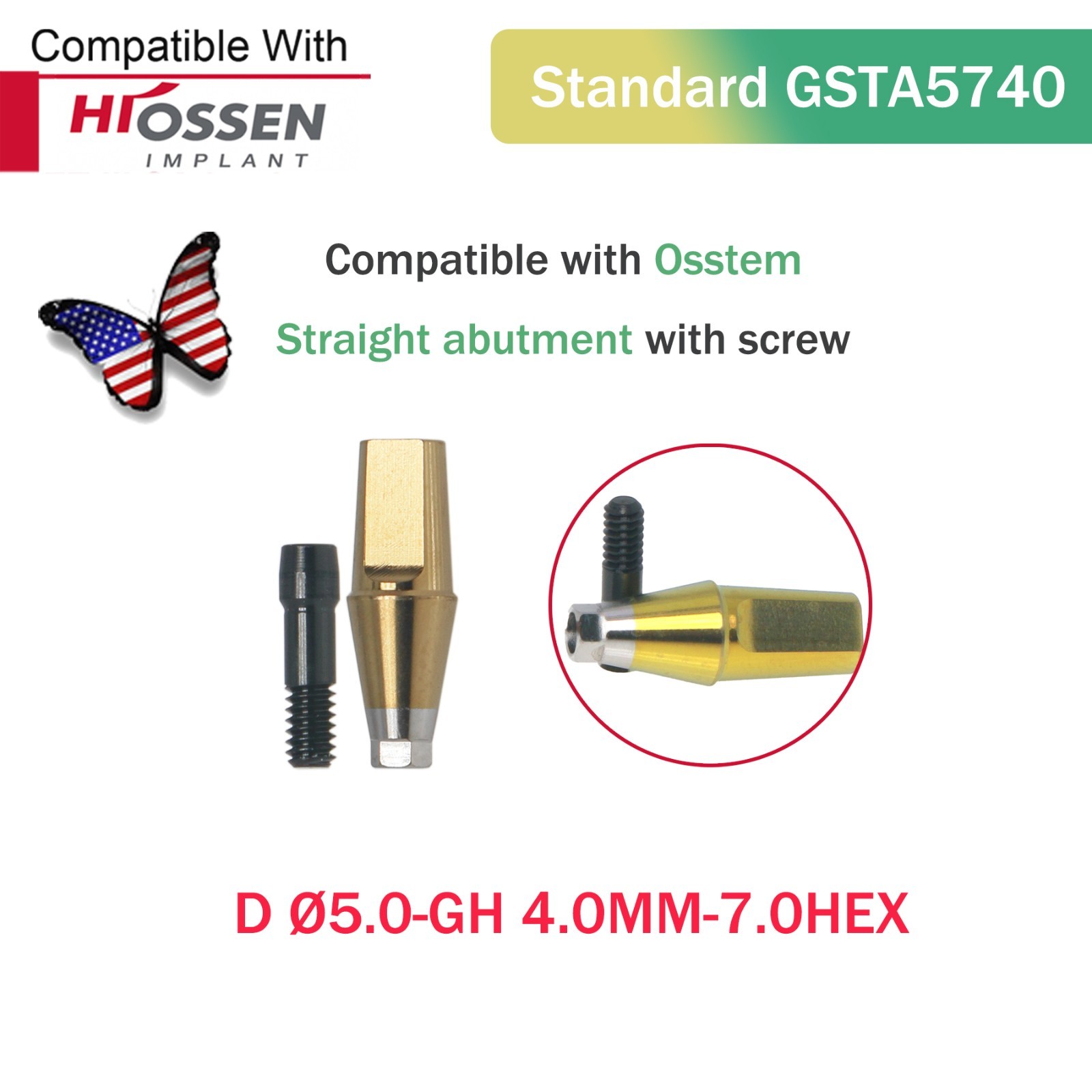 Dental Straight Transfer Abutment Regular Ø5.0 mm Hex GH 1–6 mm Hiossen/Osstem
