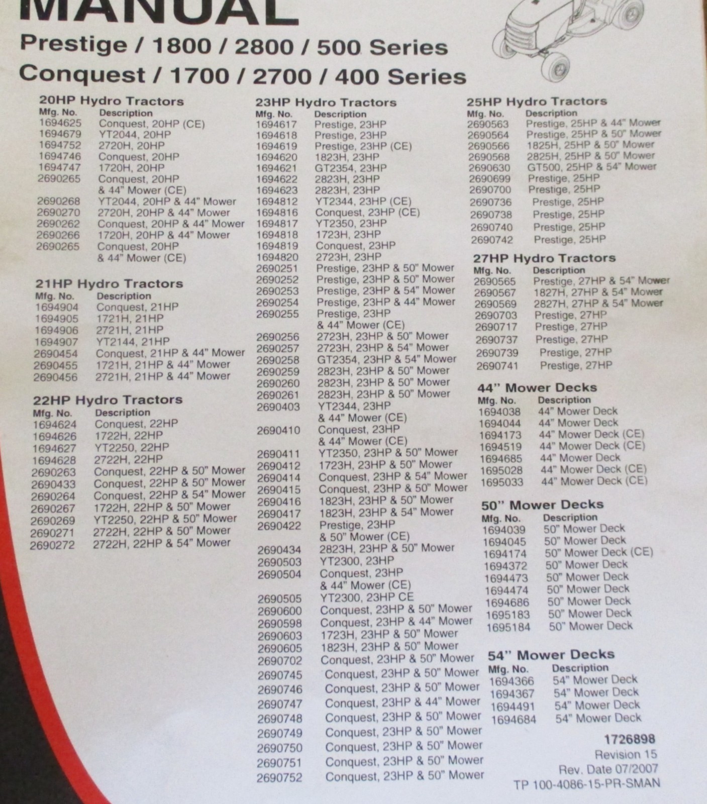 Simplicity Conquest 1700 2700 400 & Prestige 1800 2800 500 Ser Tractor Op Manual