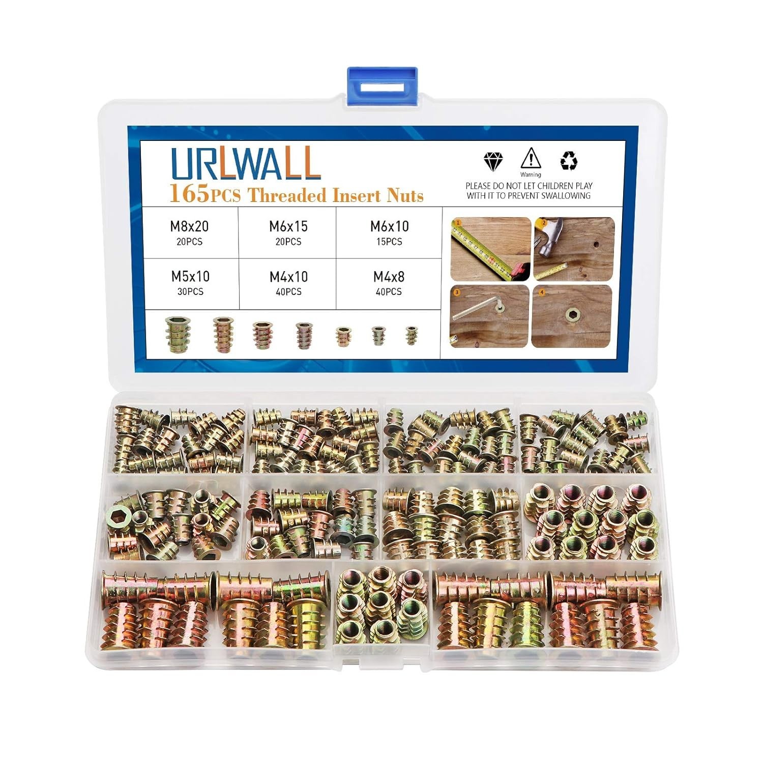 Hex Socket Drive Fasteners Set, 165PCS Wood Insert Nuts for Various Projects