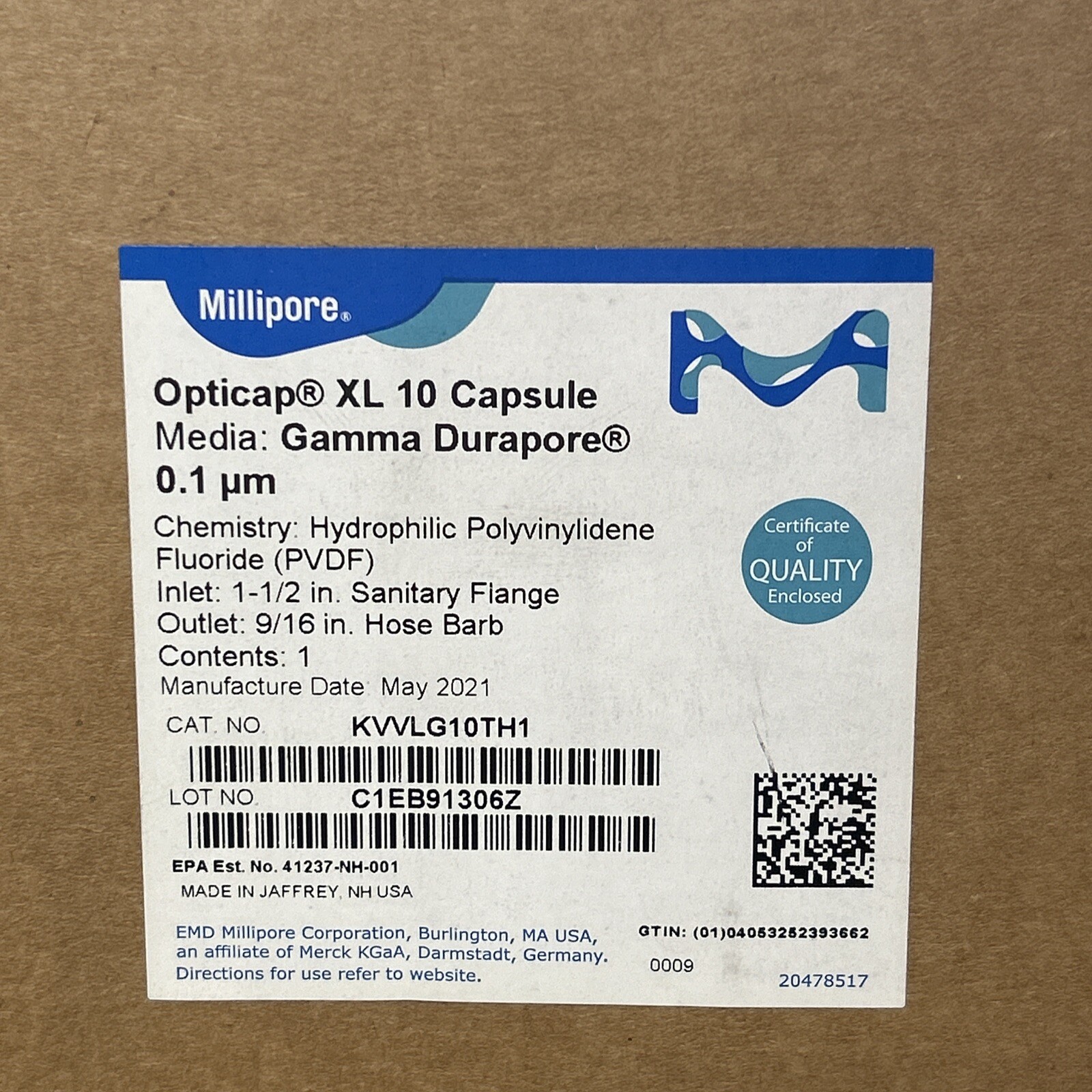 MILLIPORE Capsule Filter Opticap XL 10 Gamma Durapore 0.1 µm 1-1/2″