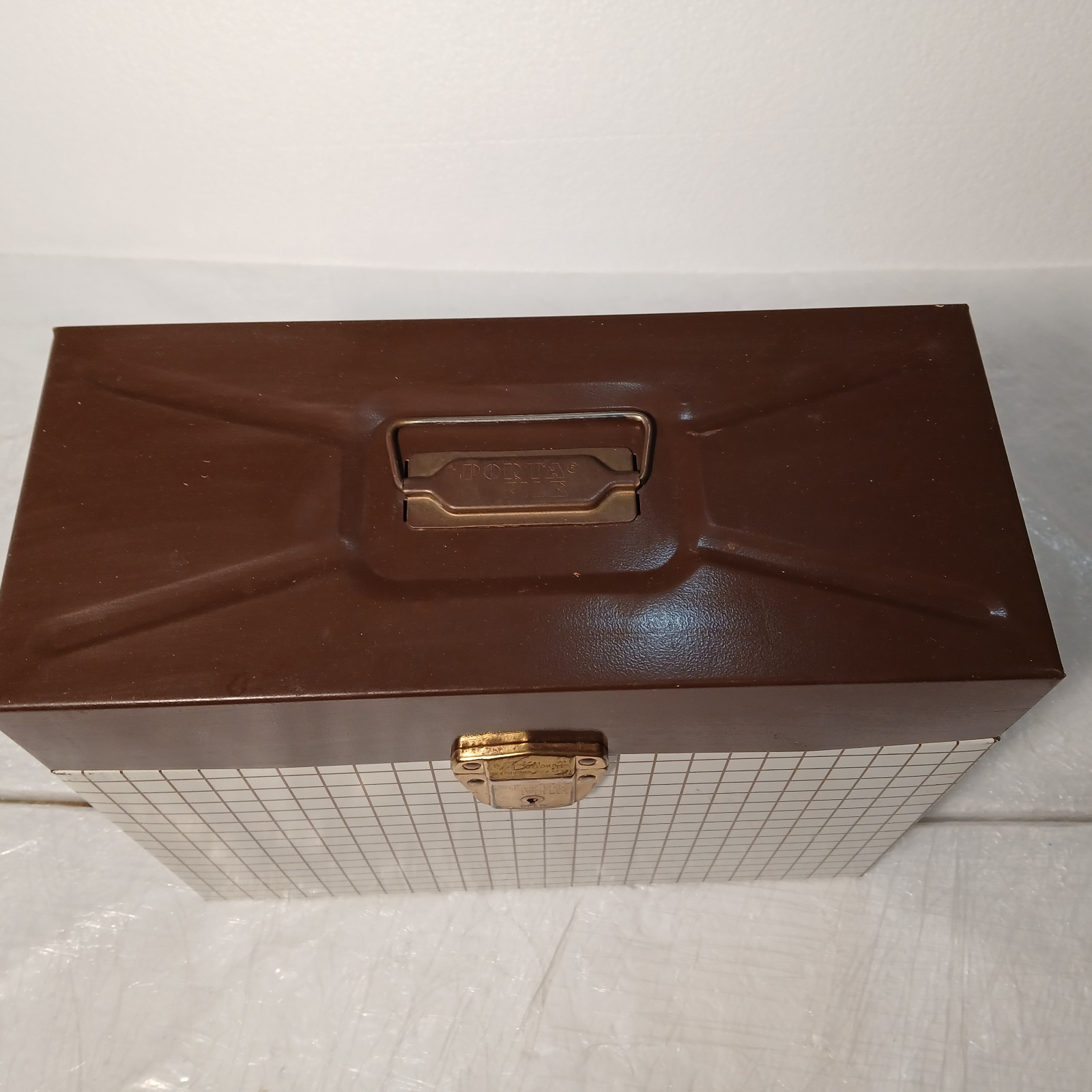 Vtg Ballonoff Porta File Metal Storage Record Box Brwn Grid Graph Pattern No Key