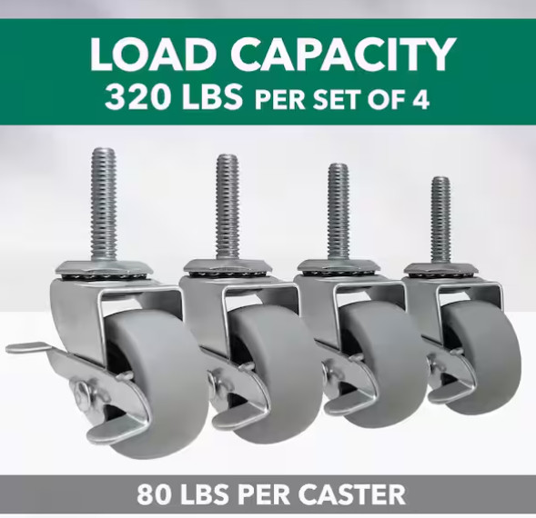 4PK 2 in. Gray Rubber Like TPR Steel Swivel Threaded Stem Caster Locking Brake