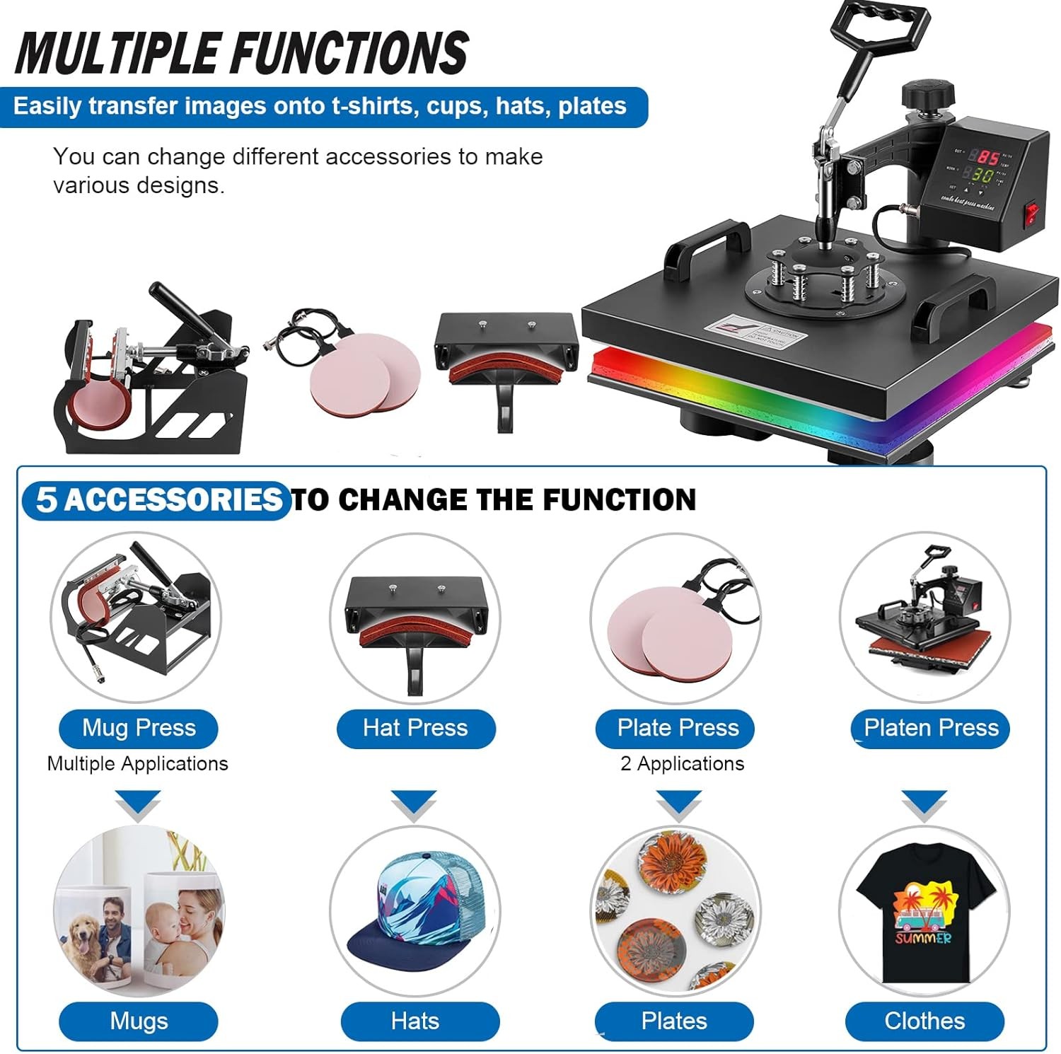 5 in 1 Heat Press Machine 15x15in Transfer Sublimation T-Shirt Mug Hat Plate Cap